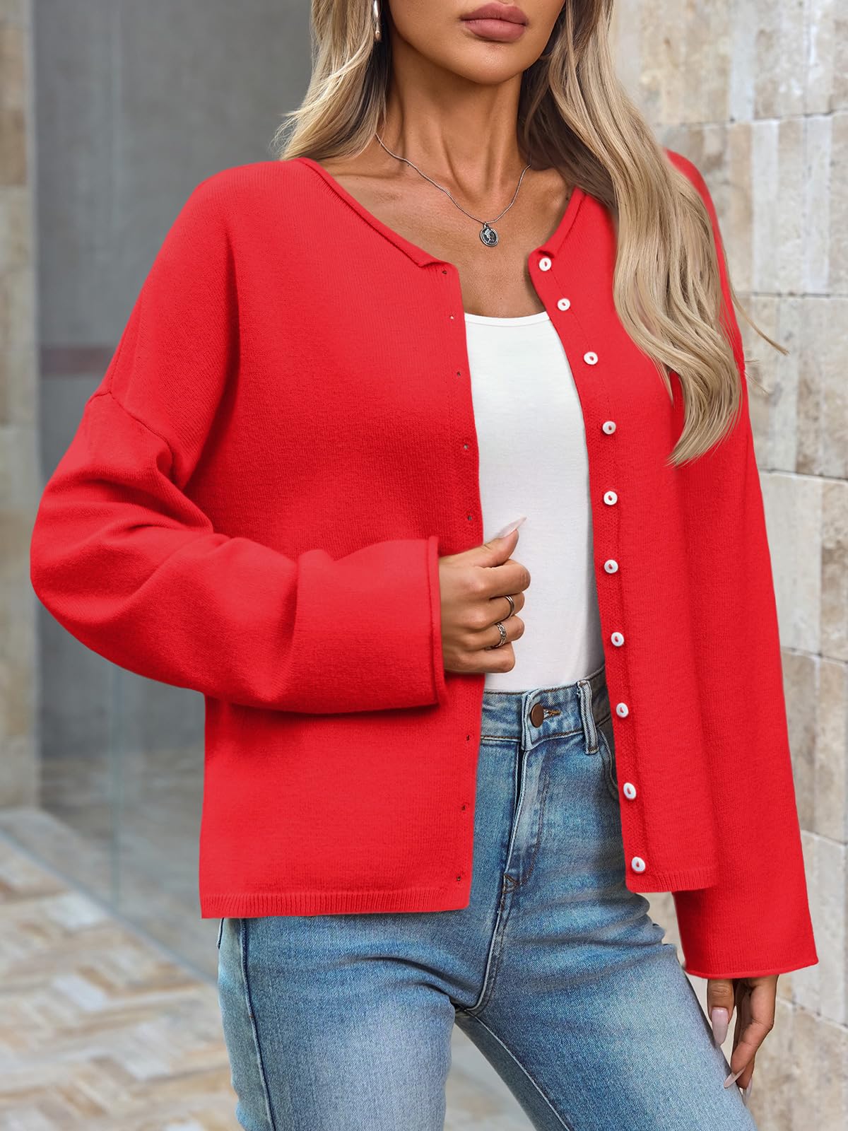 Foto 5 | Jersey Tipo Cárdigan Saodimallsu De Punto Rojo Con Botones Para Mujer - Venta Internacional.