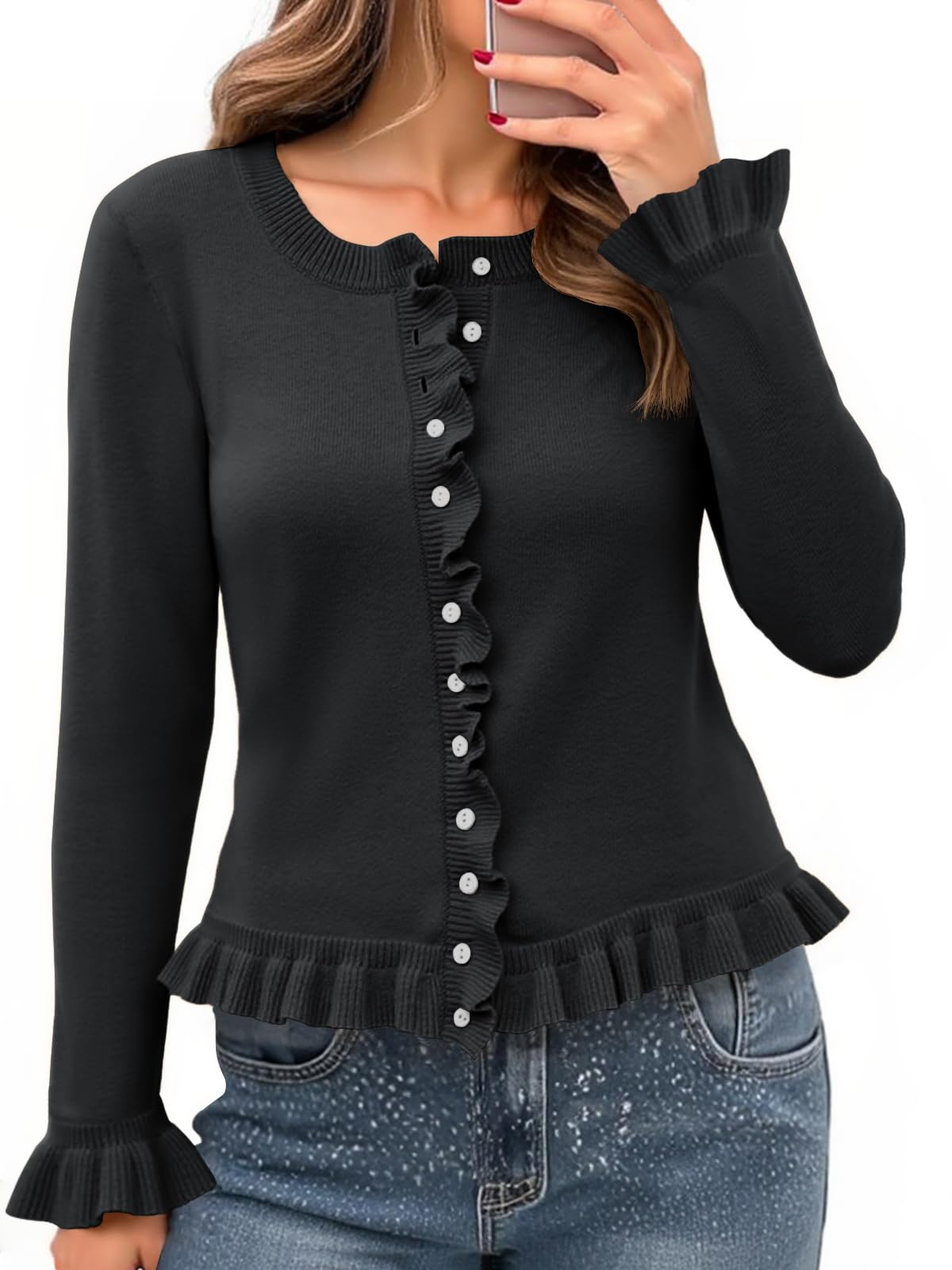 Foto 1 | Jersey Tipo Cárdigan Saodimallsu Para Mujer Con Volantes Y Botones  Color Negro - Venta Internacional.
