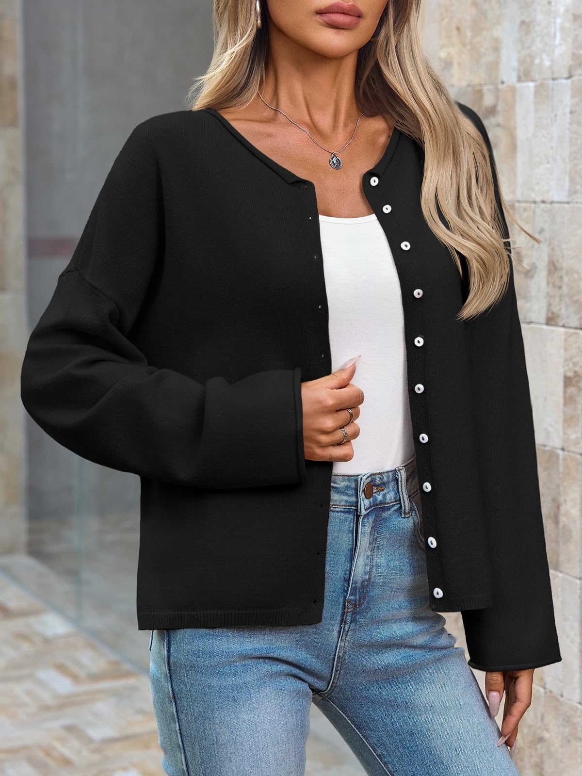 Foto 5 | Jersey Tipo Cárdigan Saodimallsu De Punto Negro Con Botones Para Mujer - Venta Internacional.