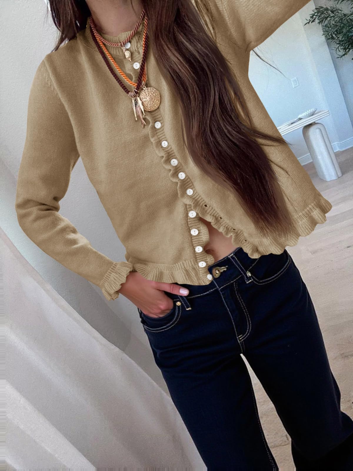 Foto 2 | Jersey Tipo Cárdigan Saodimallsu Para Mujer  Con Volantes Y Botones  Color Caqui - Venta Internacional.