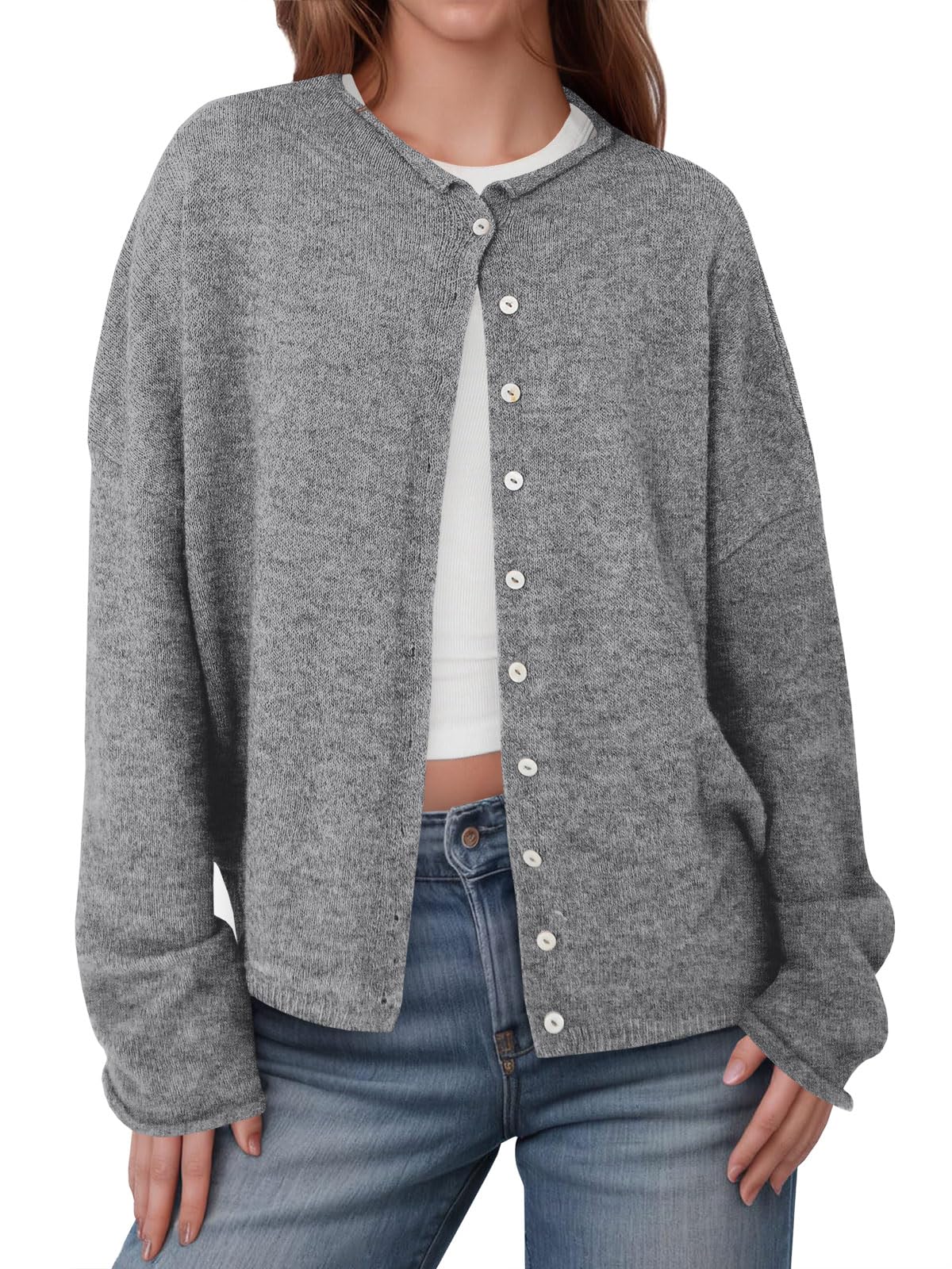 Foto 2 pulgar | Jersey Tipo Cárdigan Saodimallsu De Punto Gris Con Botones Para Mujer - Venta Internacional.
