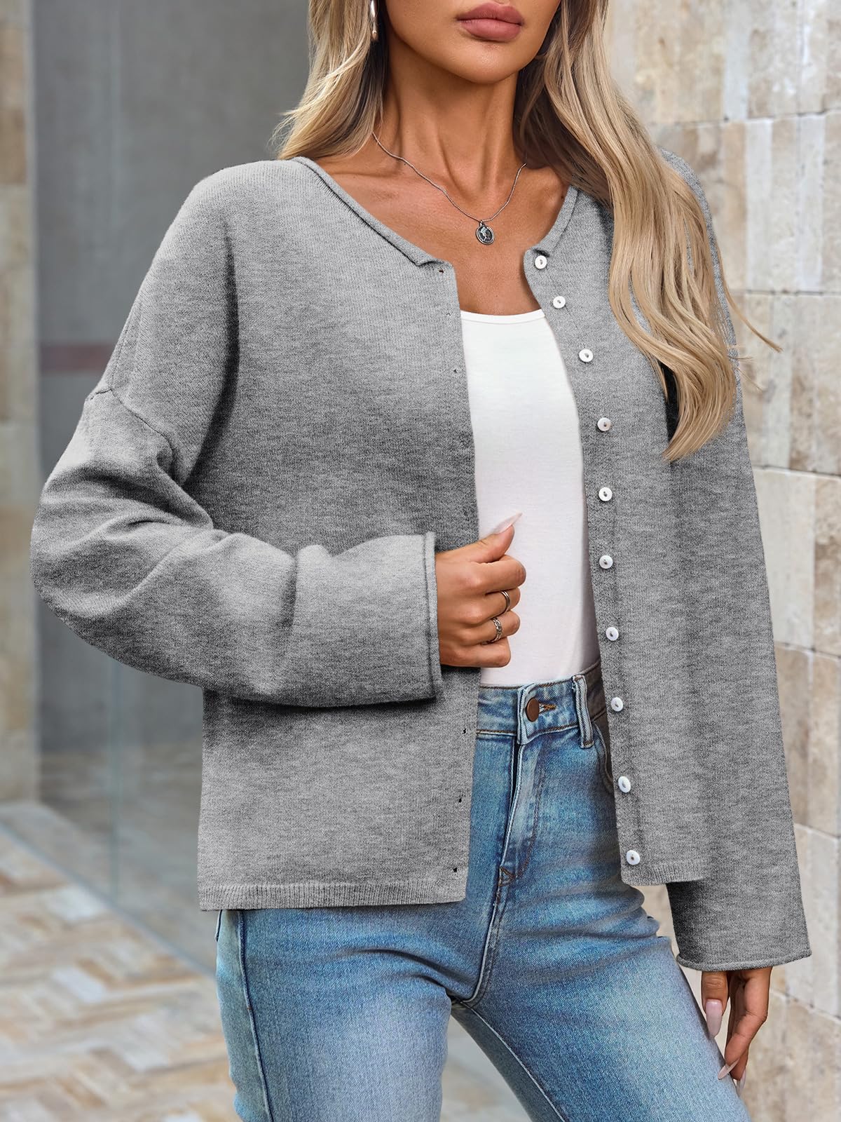 Foto 6 pulgar | Jersey Tipo Cárdigan Saodimallsu De Punto Gris Con Botones Para Mujer - Venta Internacional.