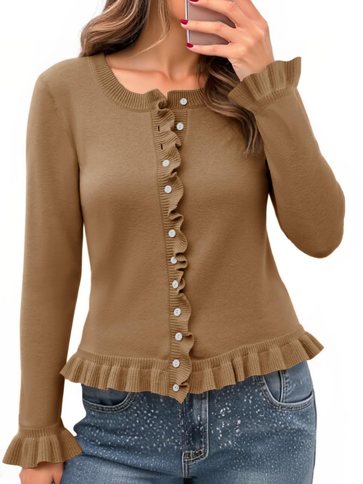Foto 2 pulgar | Jersey Tipo Cárdigan Saodimallsu Para Mujer  Con Volantes Y Botones  Marrón - Venta Internacional.