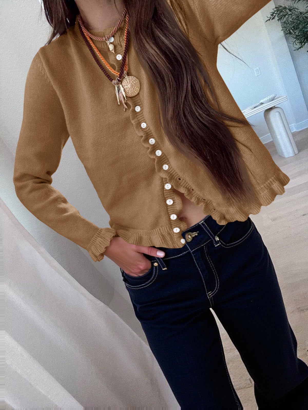 Foto 3 pulgar | Jersey Tipo Cárdigan Saodimallsu Para Mujer  Con Volantes Y Botones  Marrón - Venta Internacional.