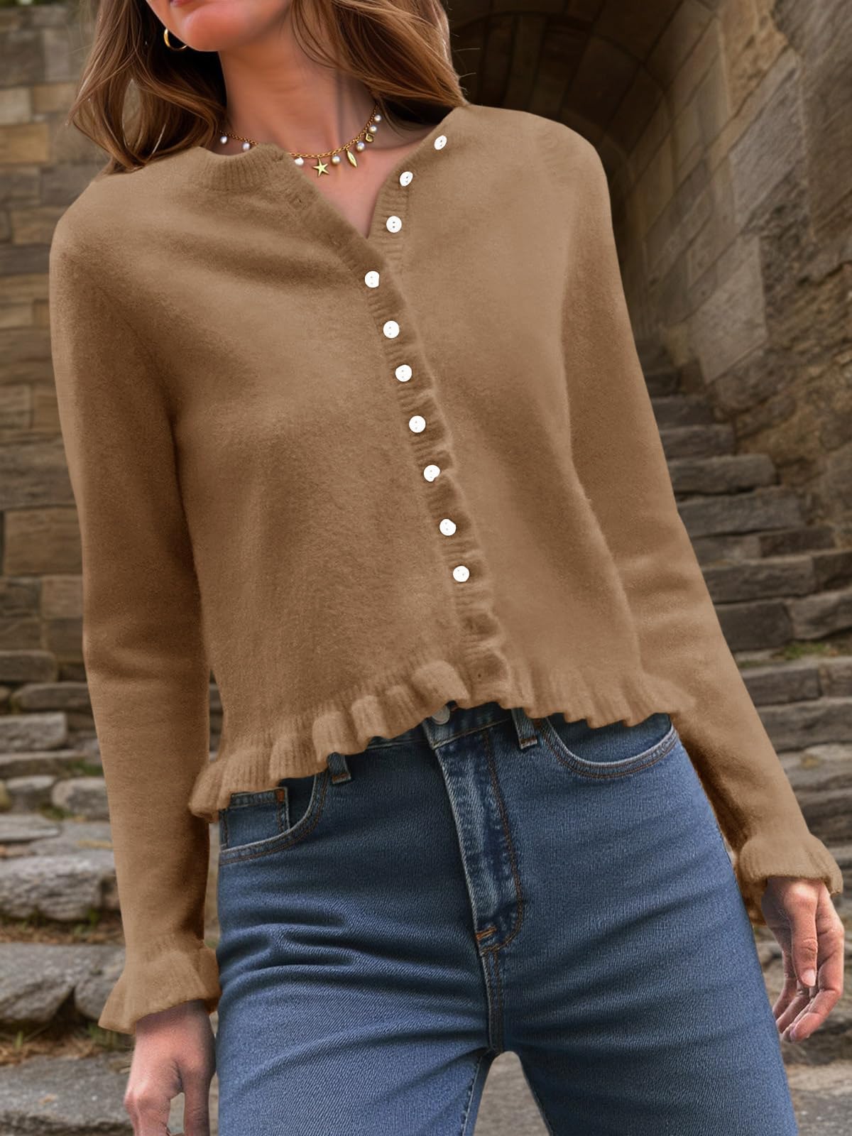 Foto 4 pulgar | Jersey Tipo Cárdigan Saodimallsu Para Mujer  Con Volantes Y Botones  Marrón - Venta Internacional.