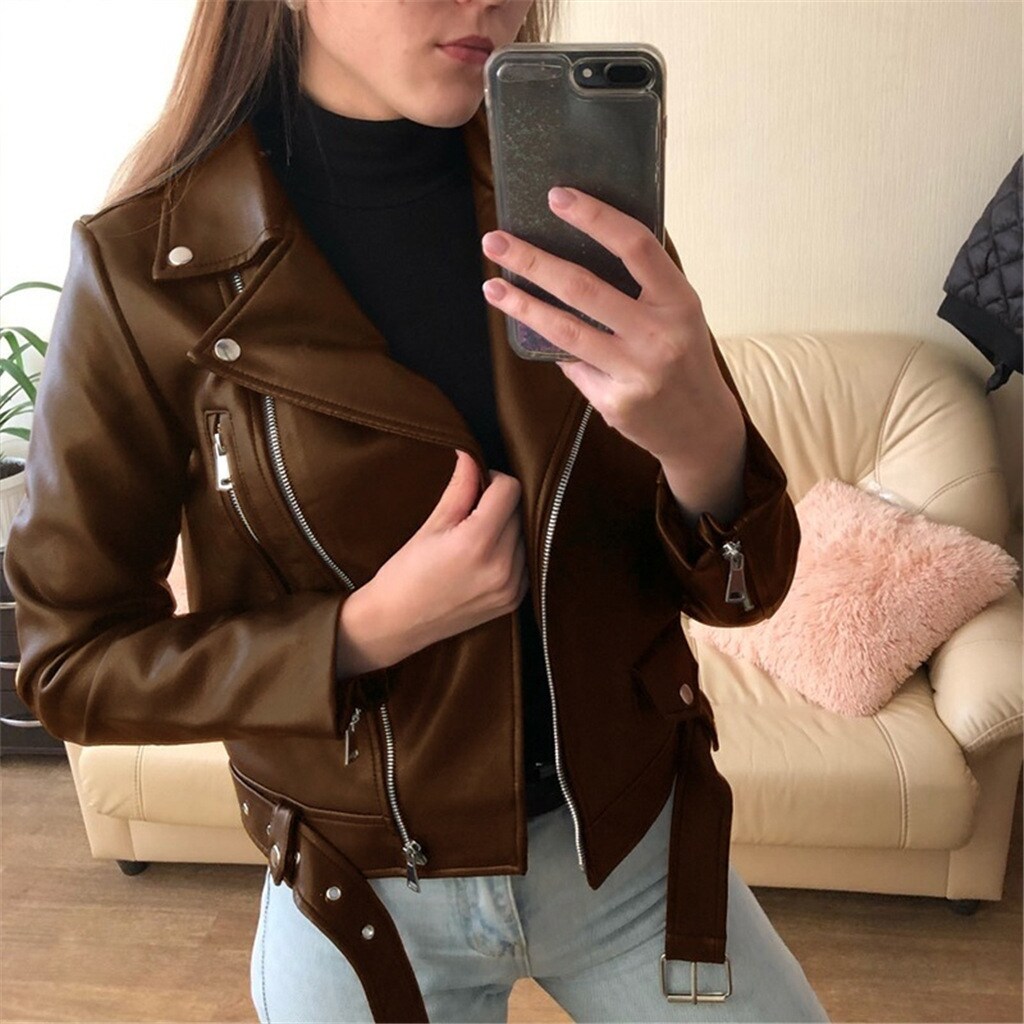 Venta Internacional Chamarra De Cuero Con Cuello Vuelto Casaco Marron Para Mujer Coppel