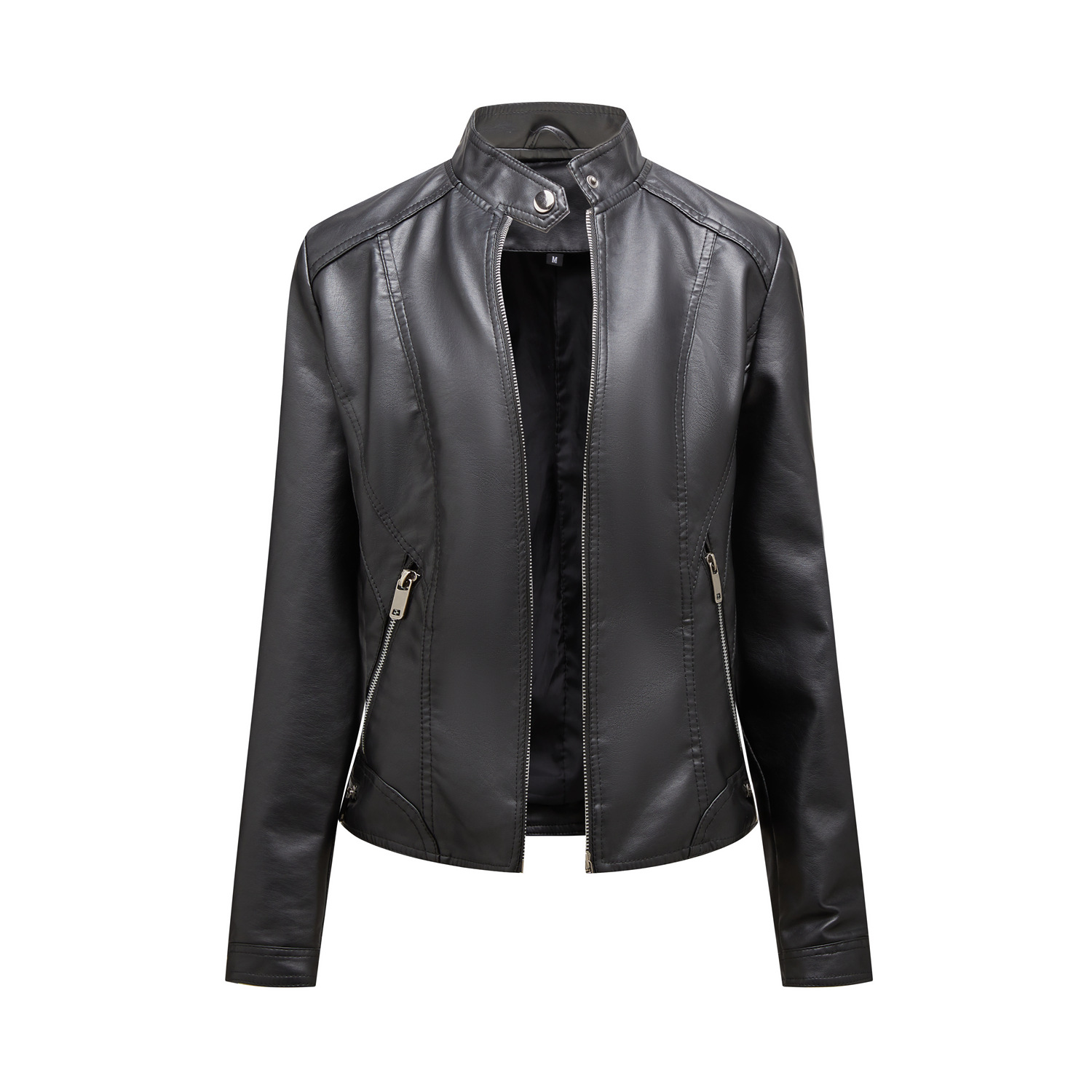 Foto 2 pulgar | Venta Internacional- Chaqueta de Cuero Negro con Cuello Alto PU para Mujer