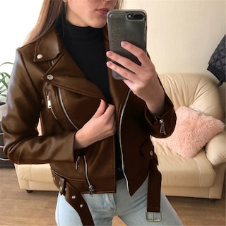 Foto 1 | Venta Internacional- Chamarra de Cuero con Cuello Vuelto Casaco Marrón para Mujer