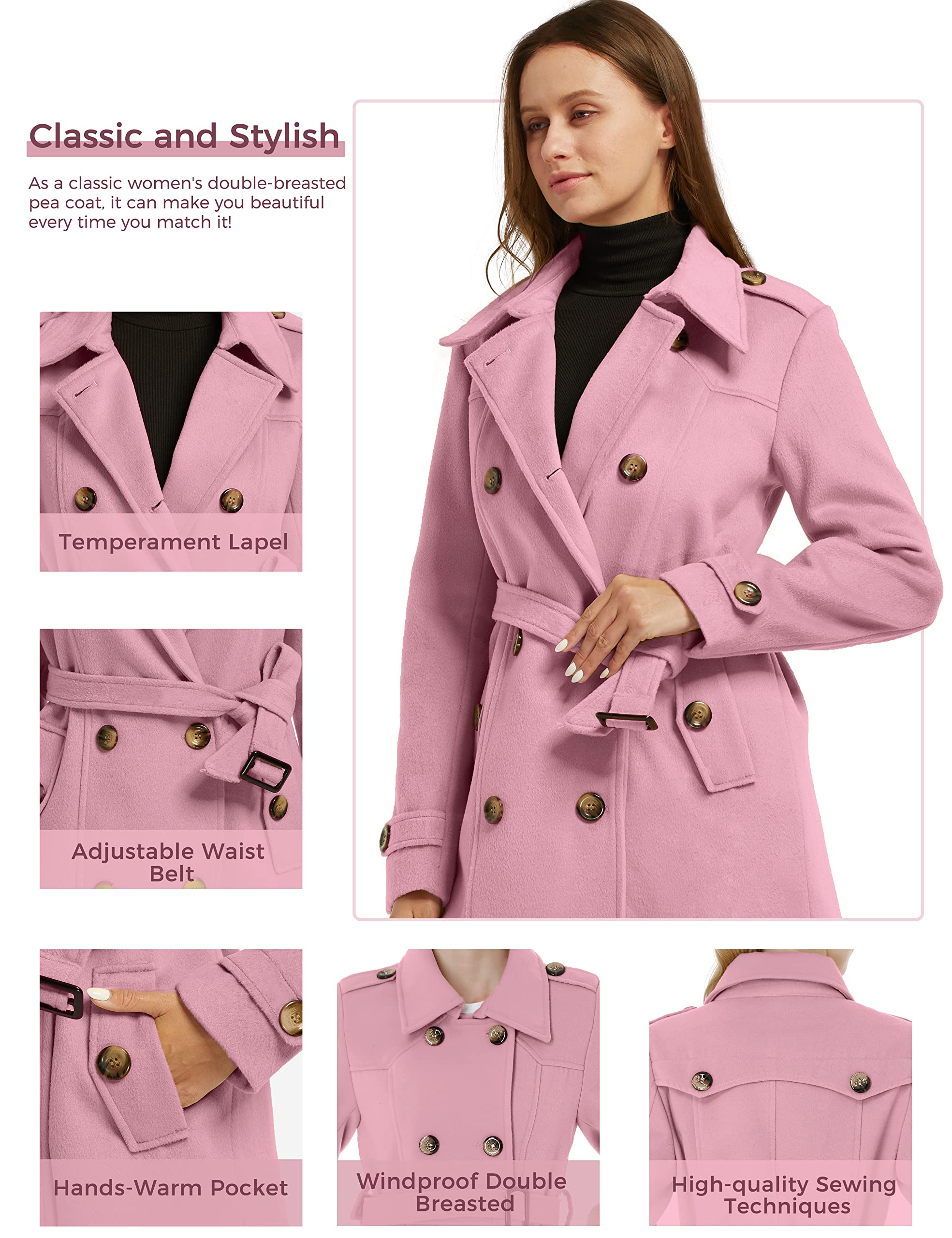 Foto 6 pulgar | Gabardina Pea Coat Wantdo Para Mujer, Media Longitud, Color Rosa, Talla Xl - Venta Internacional.