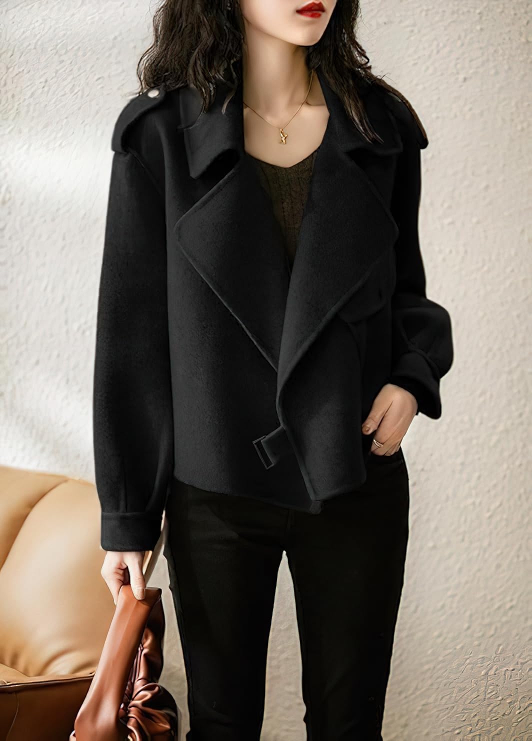 Foto 3 pulgar | Abrigo De Lana Chouyatou Para Mujer, Chaqueta Corta Con Parte Delantera Abierta, Color Negro Xl - Venta Internacional.