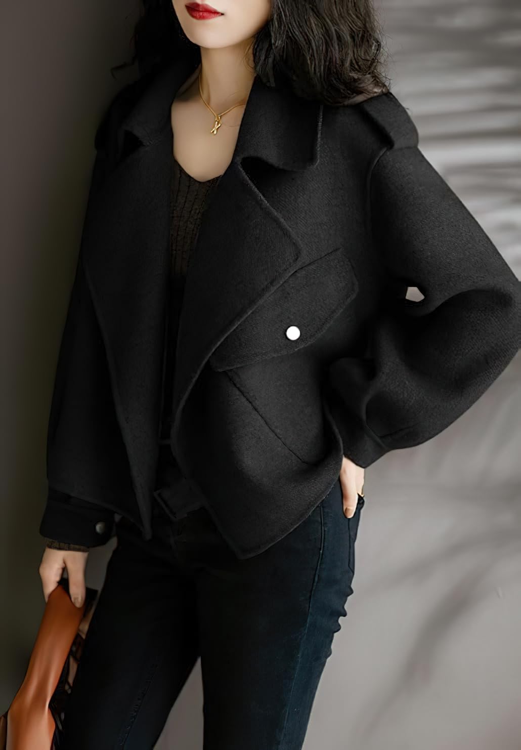 Foto 4 pulgar | Abrigo De Lana Chouyatou Para Mujer, Chaqueta Corta Con Parte Delantera Abierta, Color Negro Xl - Venta Internacional.