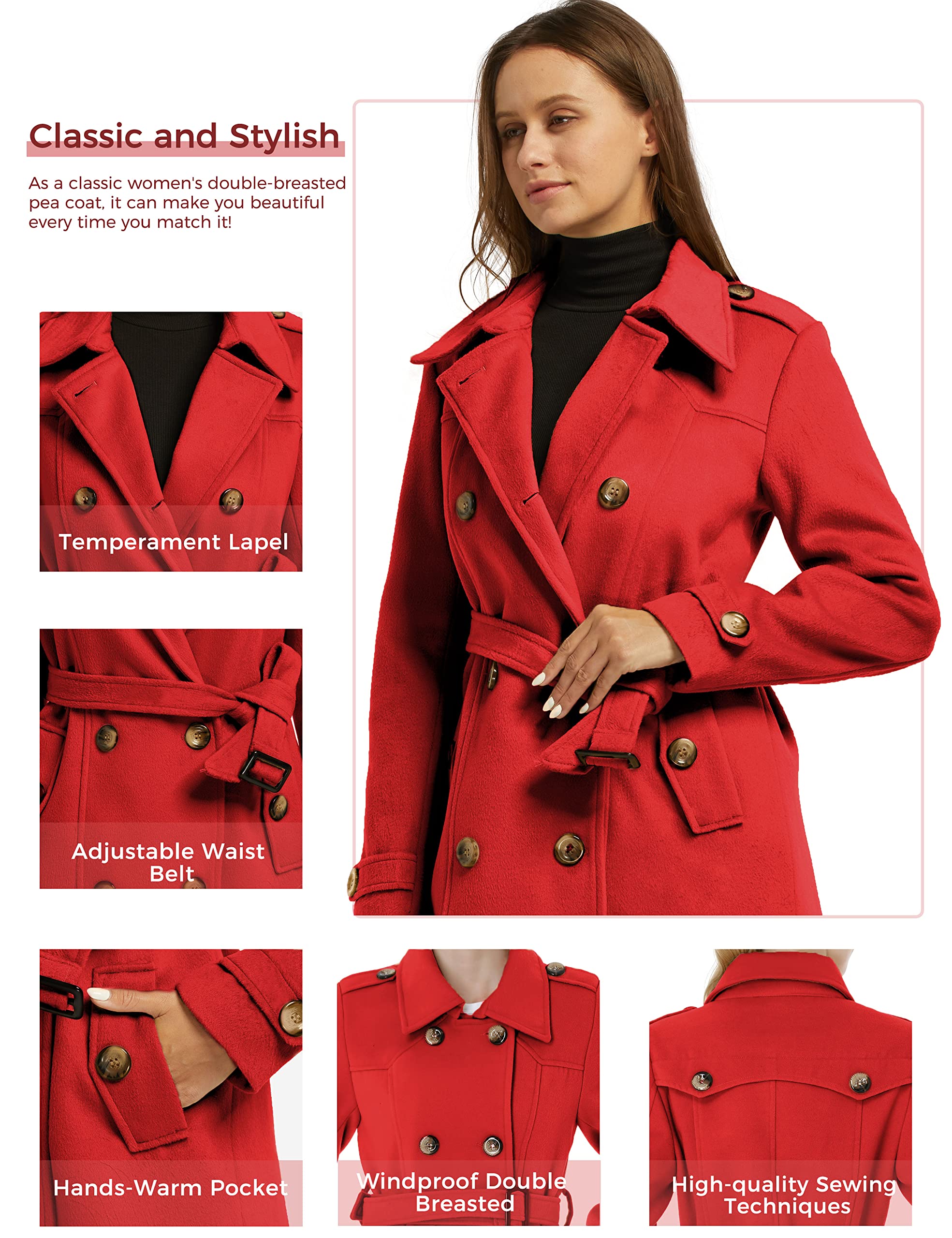 Foto 6 pulgar | Pea Coat Wantdo De Lana Con Doble Botonadura Para Mujer, Color Rojo Xx-l - Venta Internacional.