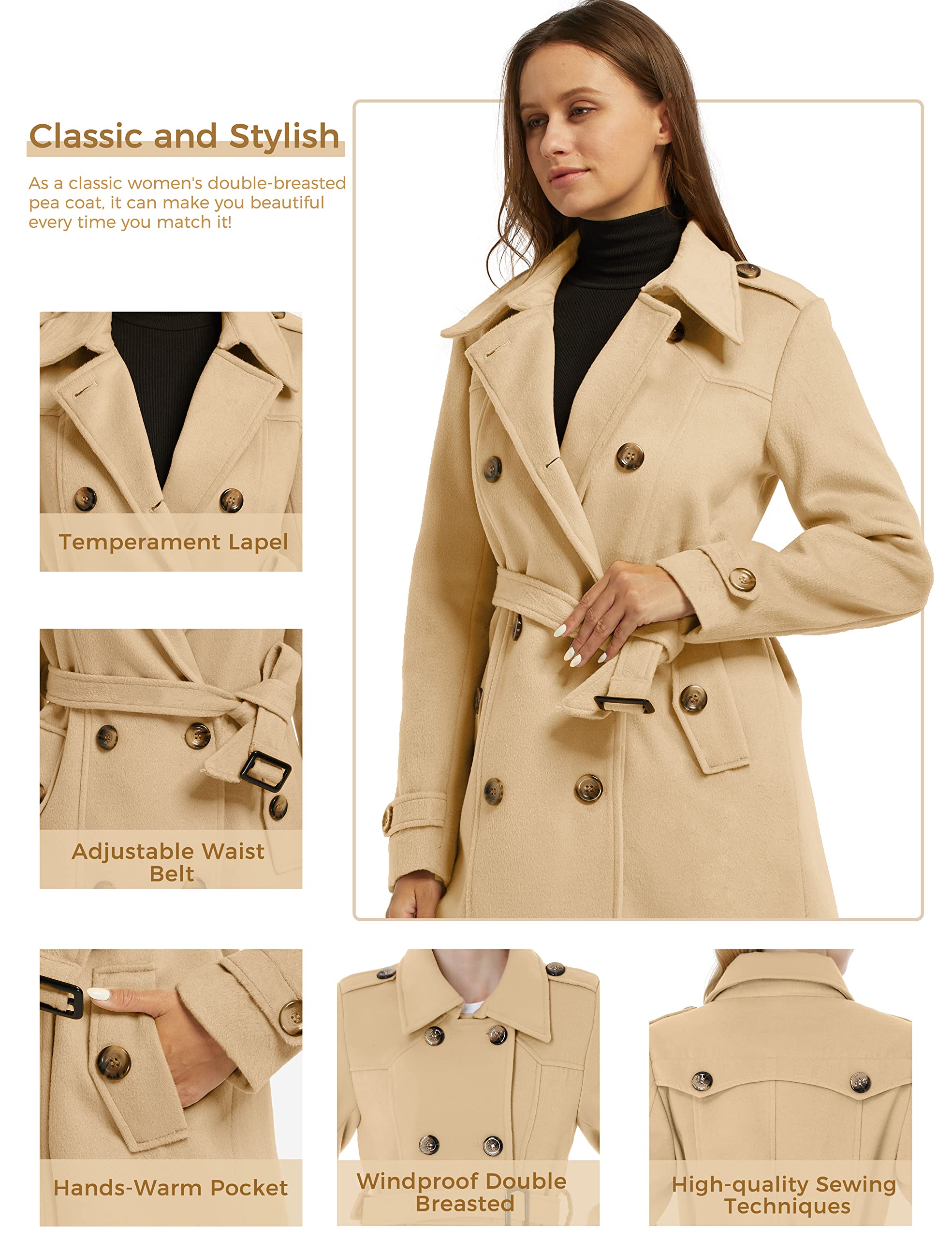 Foto 6 pulgar | Abrigo Peacoat Wantdo De Lana Con Doble Botonadura Para Mujer, Color Caqui, Talla M - Venta Internacional.