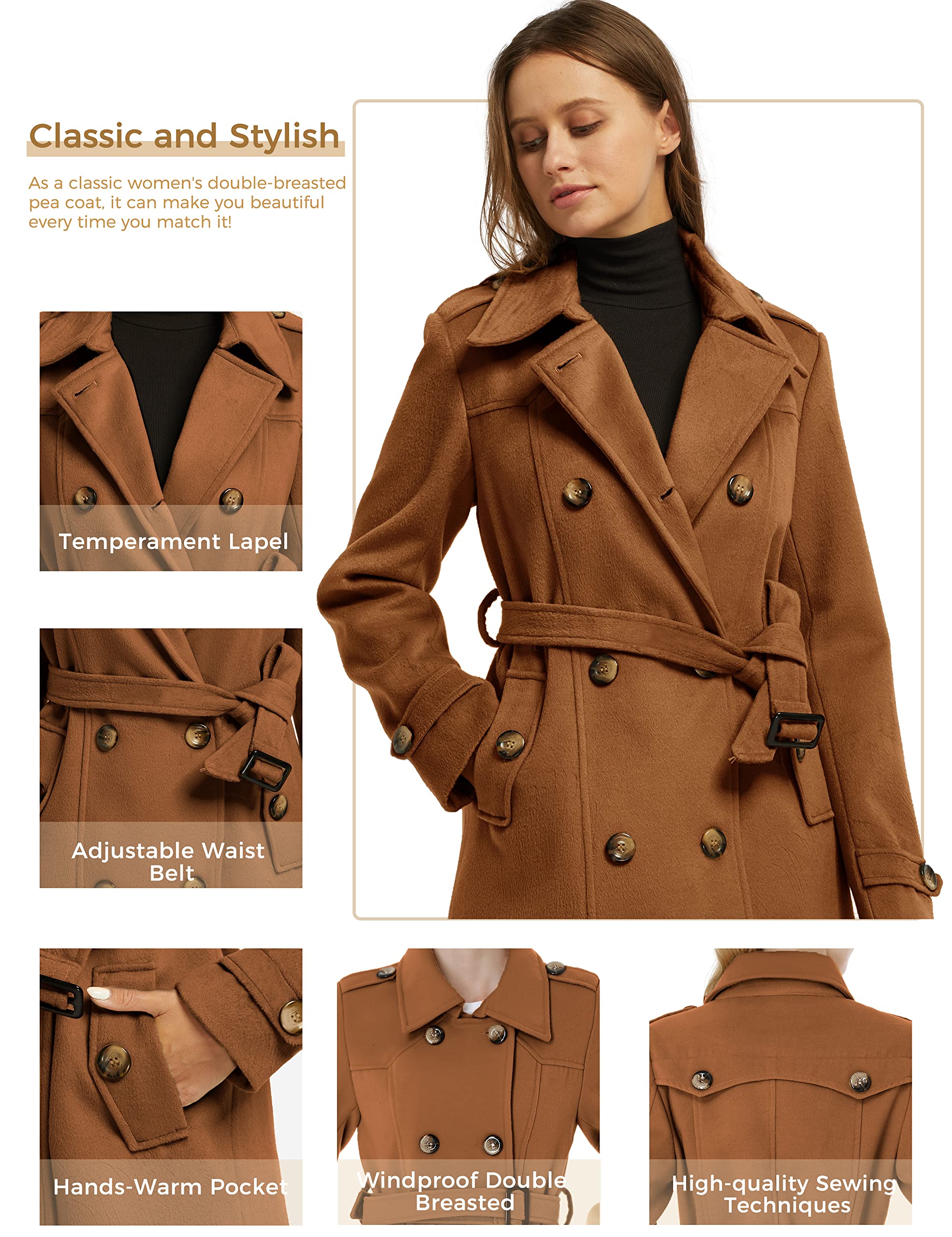 Foto 5 | Gabardina Wantdo Para Mujer Con Doble Botonadura, Color Caramelo, Xxl - Venta Internacional.