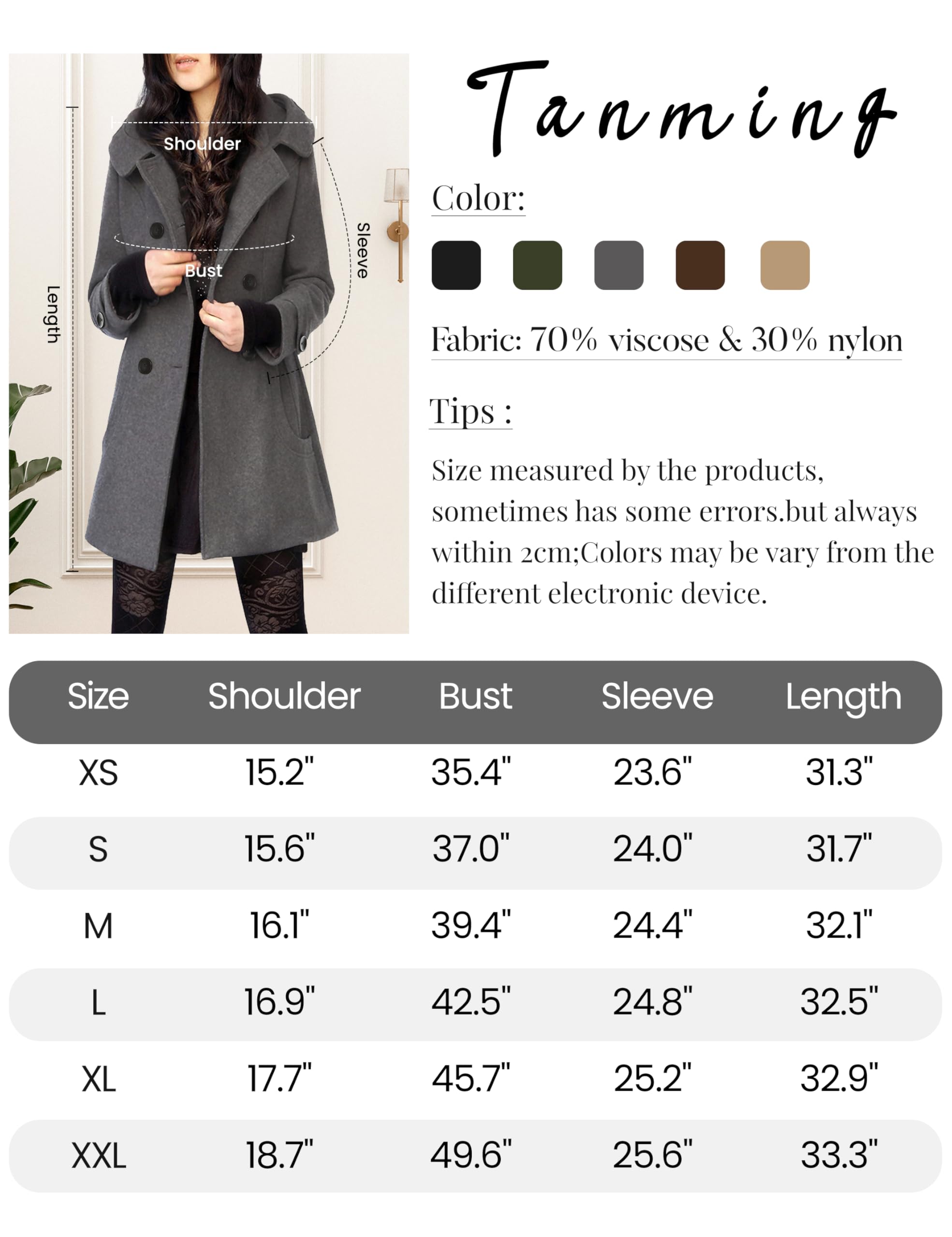 Foto 3 pulgar | Gabardina Coat Tanming De Lana Con Capucha Para Mujer - Venta Internacional.