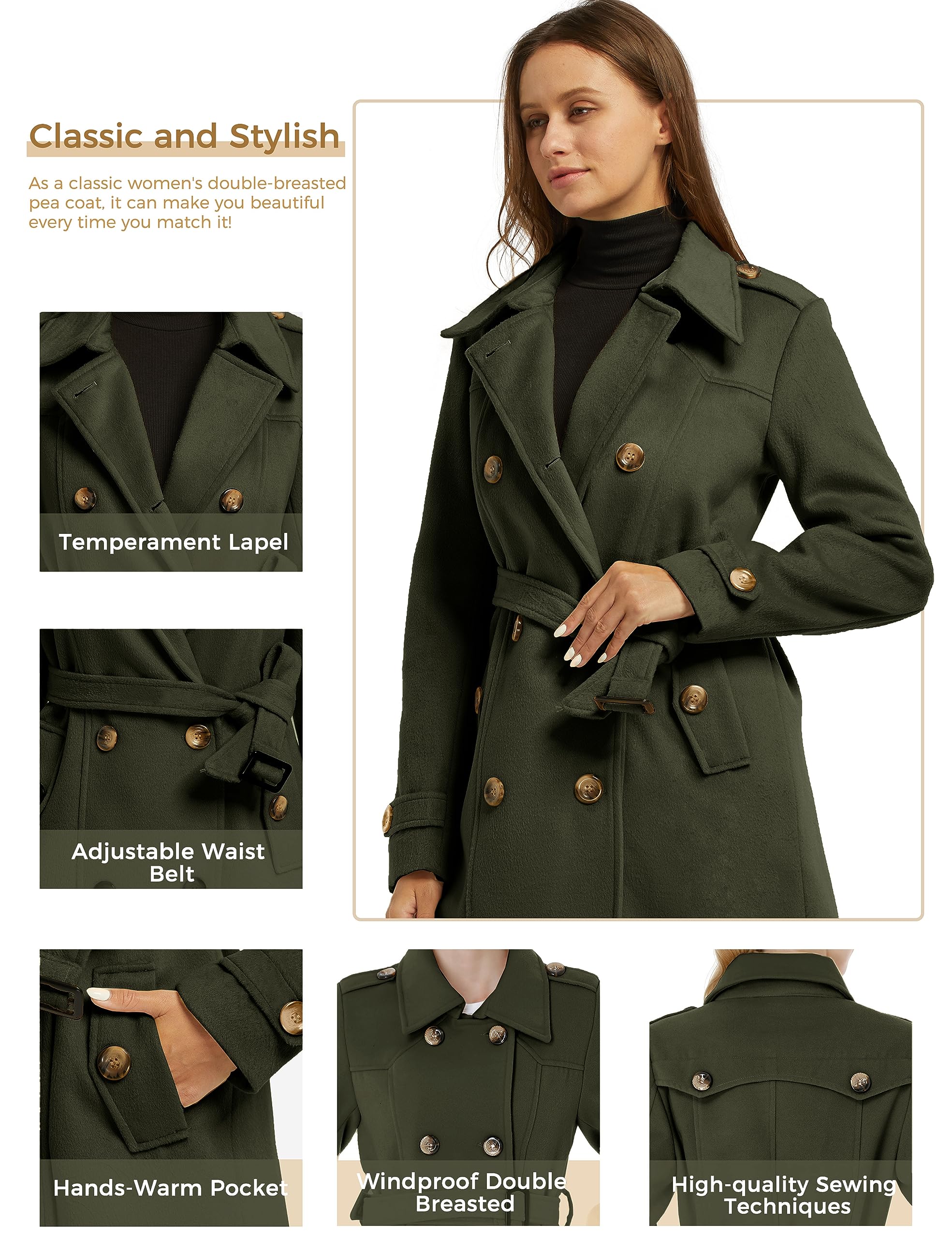 Foto 6 pulgar | Gabardina Wantdo De Manga Larga Para Mujer, Color Verde Militar Claro - Venta Internacional.
