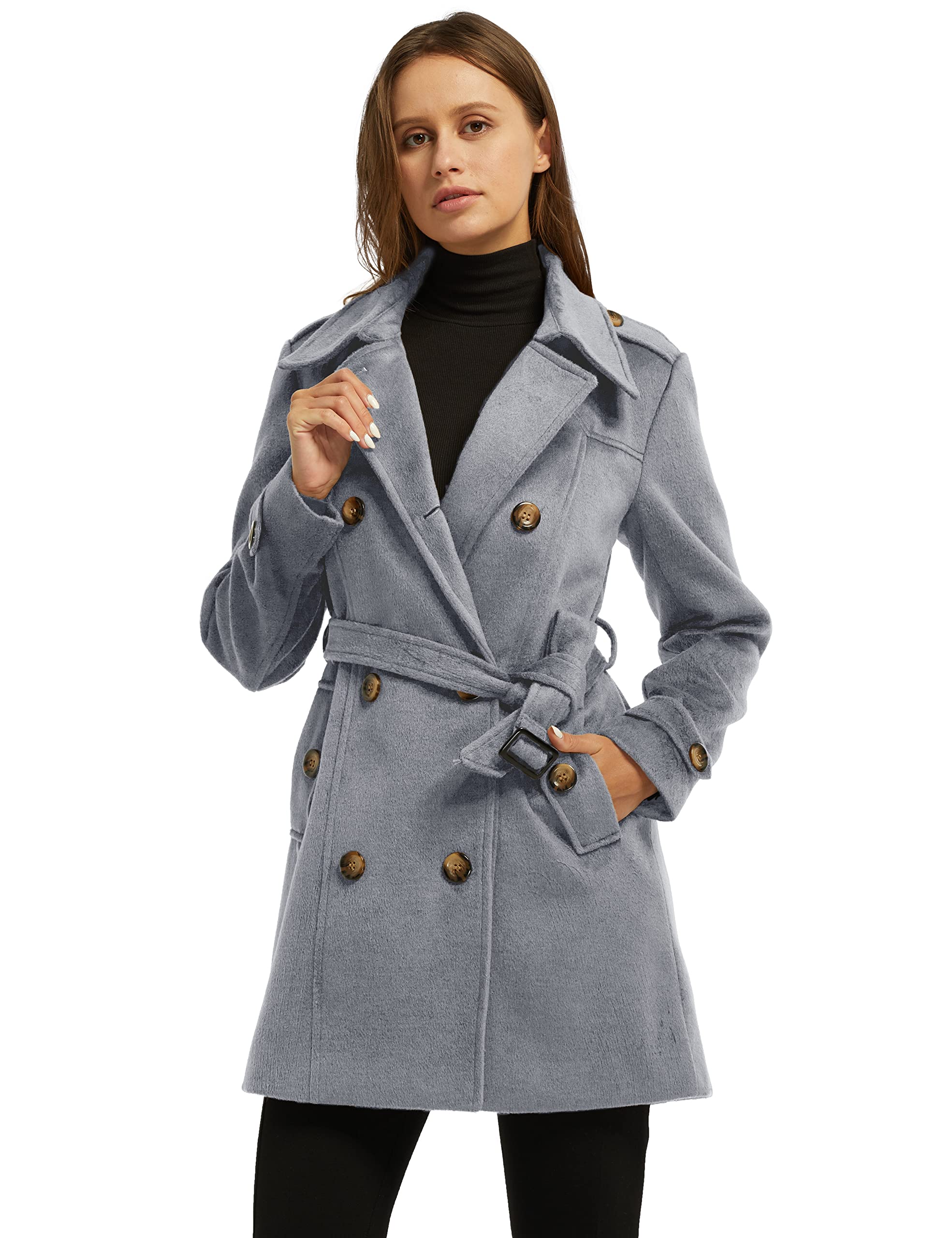 Foto 4 pulgar | Chaqueta De Primavera Pea Coat Wantdo Para Mujer, Talla Grande Con Cinturón, Gris - Venta Internacional.