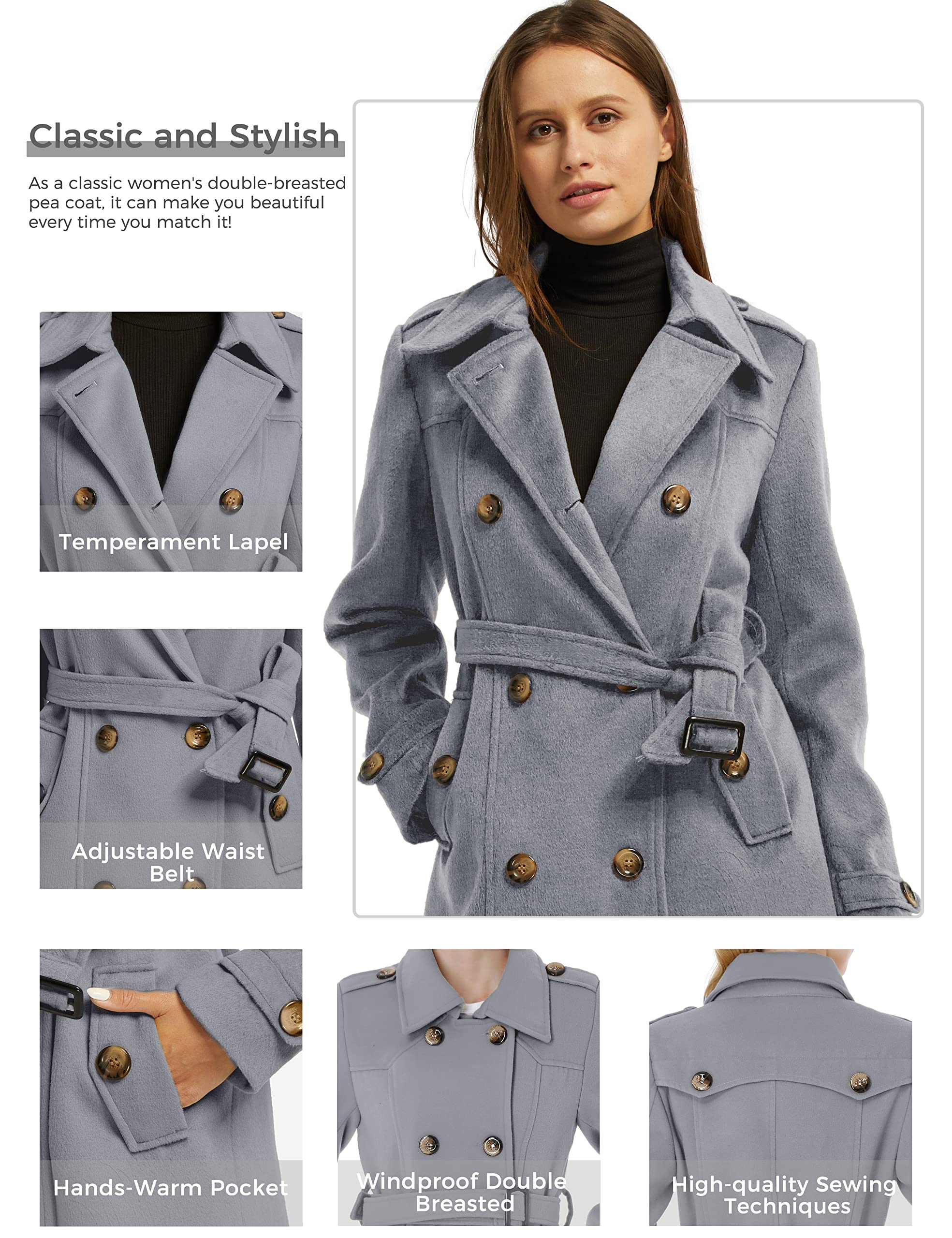 Foto 6 pulgar | Chaqueta De Primavera Pea Coat Wantdo Para Mujer, Talla Grande Con Cinturón, Gris - Venta Internacional.