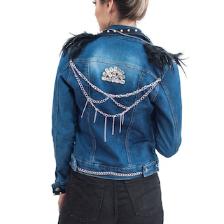 Foto 2 | Chamarra A ÁNGELOZANO color Azul de Mezclilla Adornada con Plumas