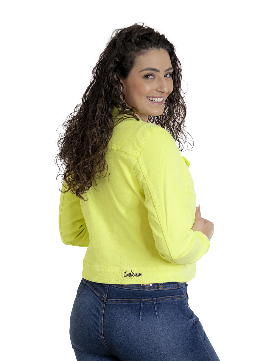 Foto 3 pulgar | Chamarra Indicum Denim High Slim Fit color Amarillo Fosforescente para Mujer