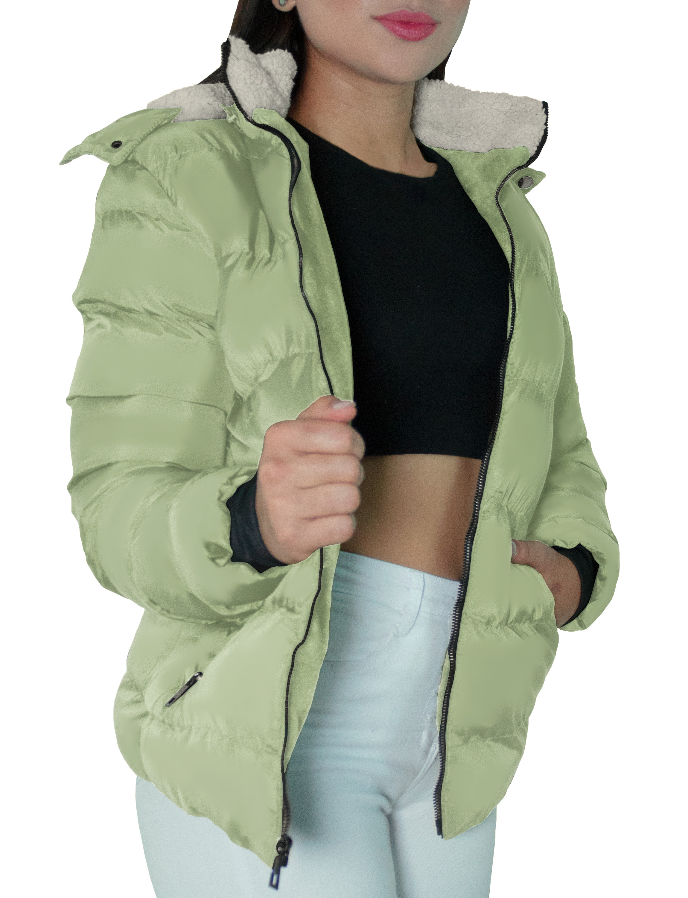 Foto 4 | Chamarra Térmica Para Mujer Con Gorro Desmontable Afelpada Pistache Chica