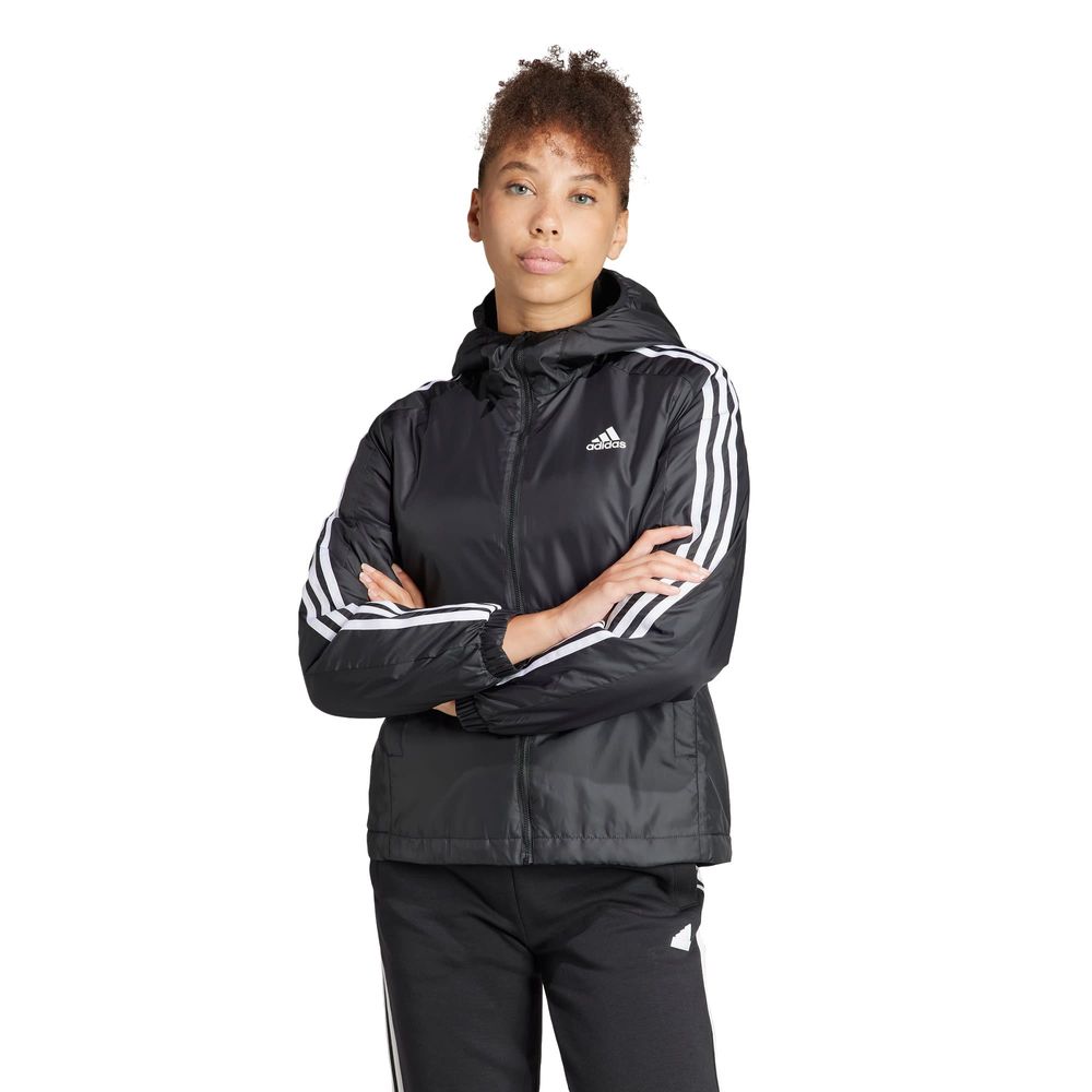 Foto 2 | Chamarra Térmica Essentials 3 Franjas Con Gorro Adidas Negro Mujer