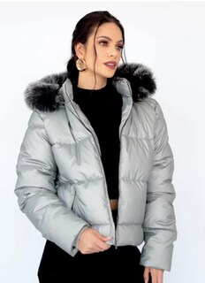 Foto 1 | Chamarra De Invierno Para Mujer, Color Plata, Gorro Desmontable, Peluche Elegancia Y Calidez
