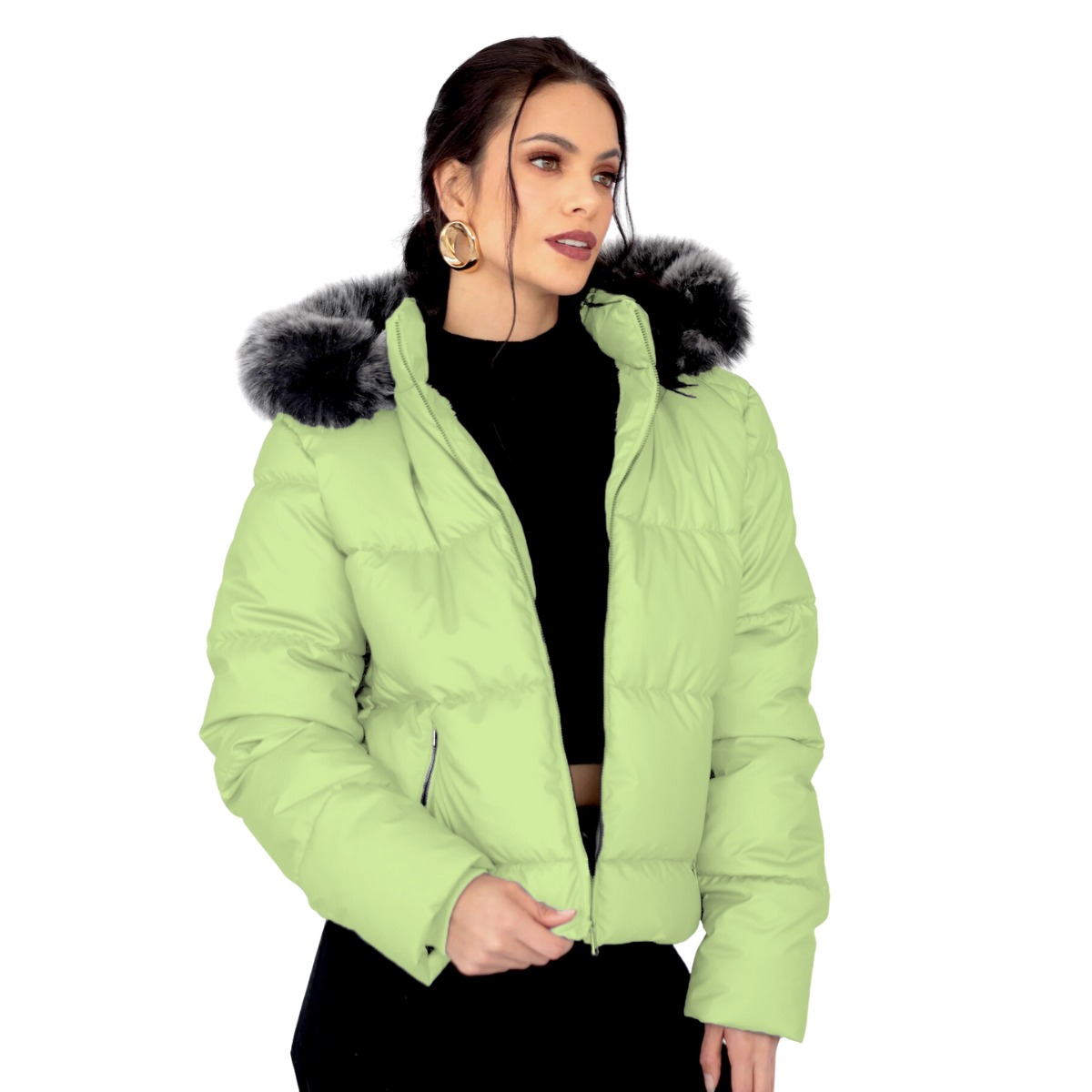 Chamarra  De Invierno Para Mujer, Color Pera, Gorro Desmontable Y Peluche Elegancia Y Calidez