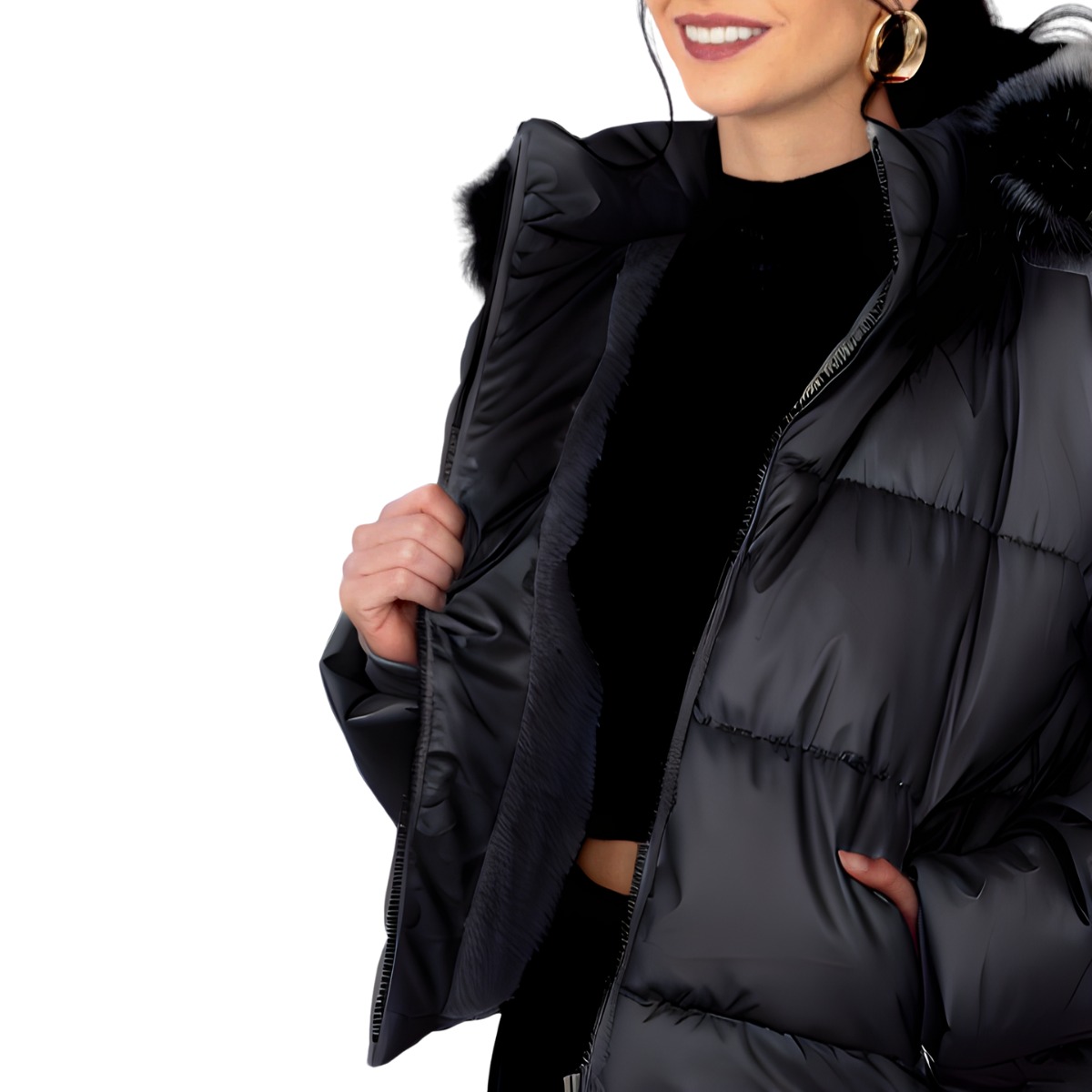 Foto 2 pulgar | Chamarra Negra De Invierno Para Mujer, Gorro Desmontable Y Peluche Elegancia Y Calidez