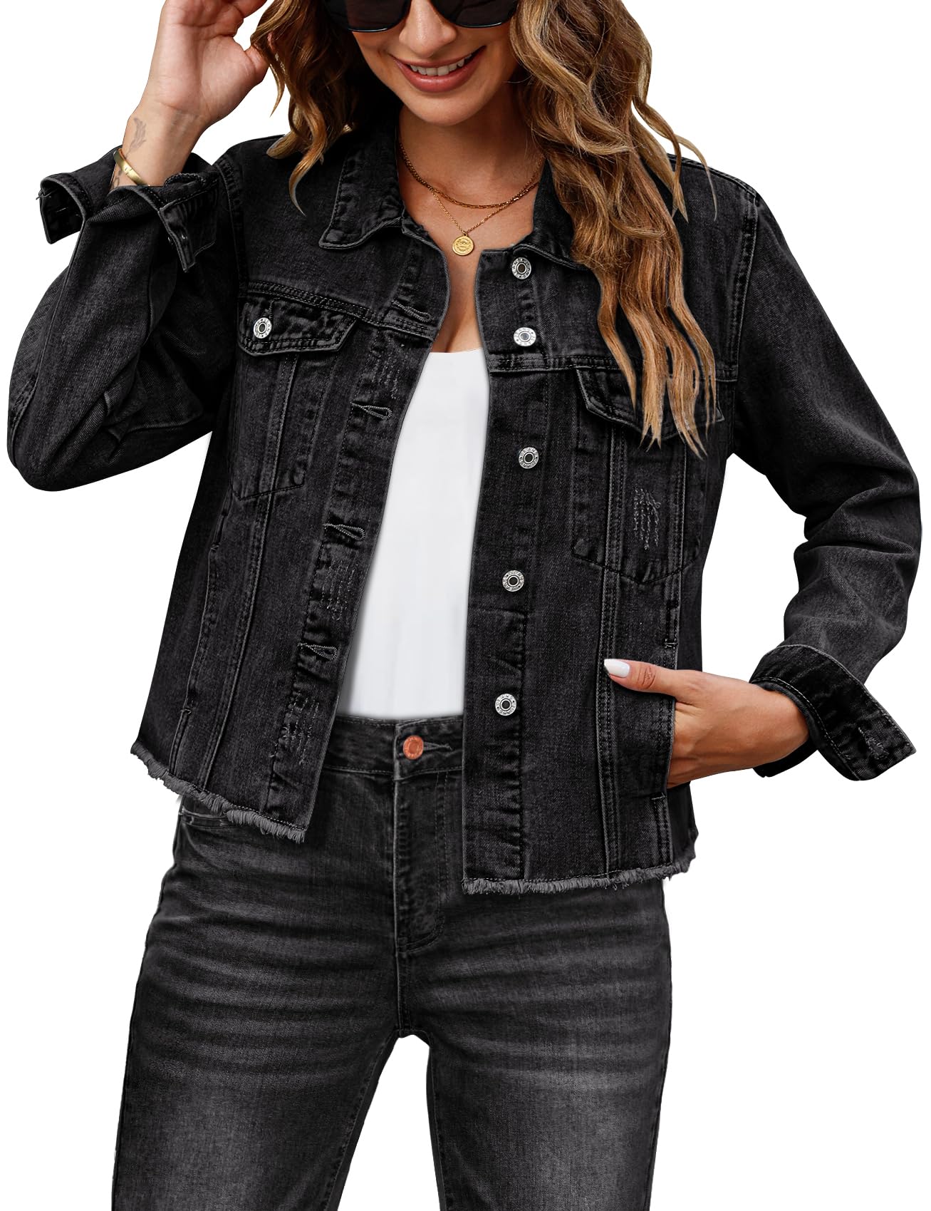 Foto 2 pulgar | Chaqueta Vaquera Luvamia De Mezclilla Negra Desgastada Para Mujer Xl - Venta Internacional.