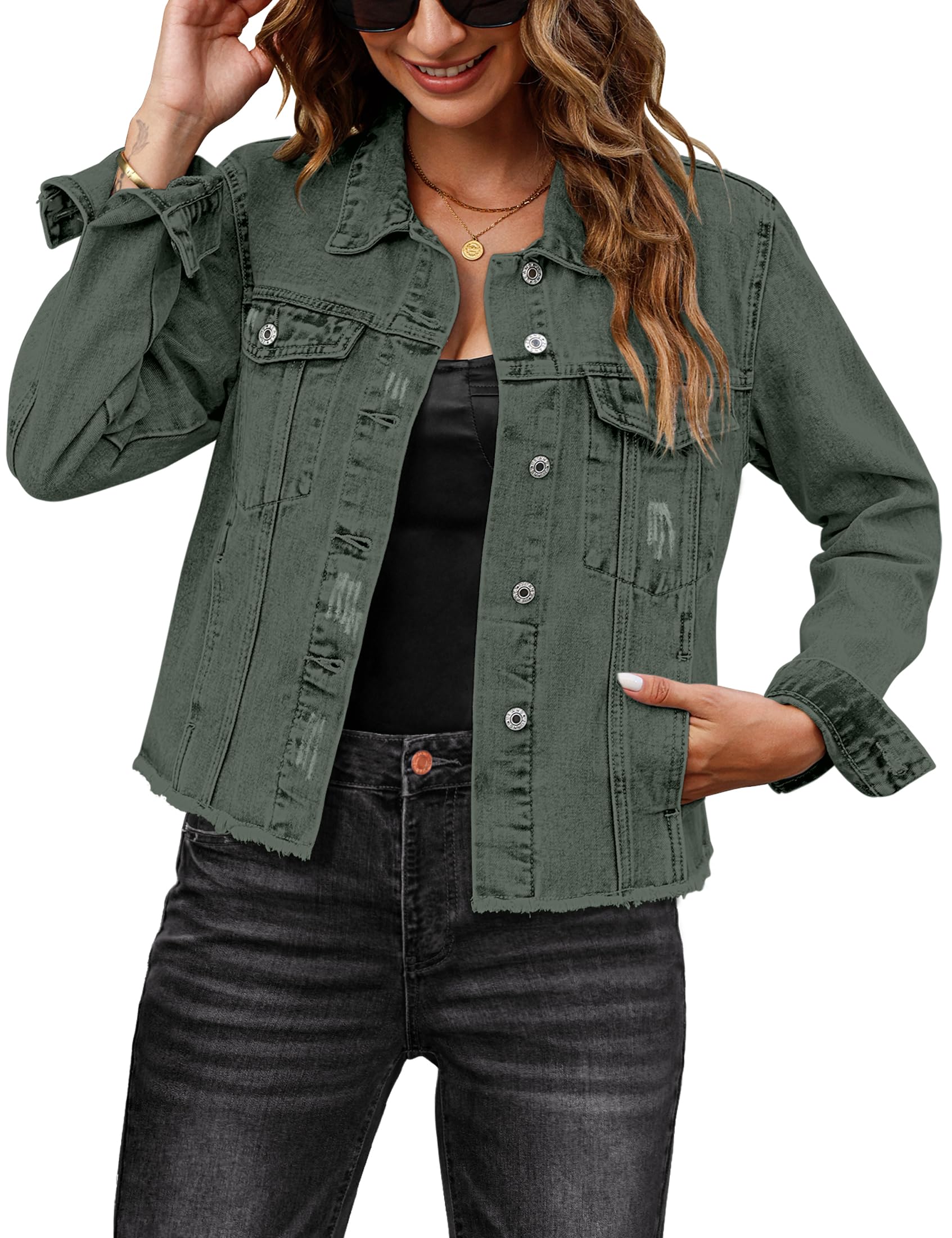 Foto 2 pulgar | Chaqueta Luvamia Denim Para Mujer, Ligera, Color Verde Militar, Xl - Venta Internacional.