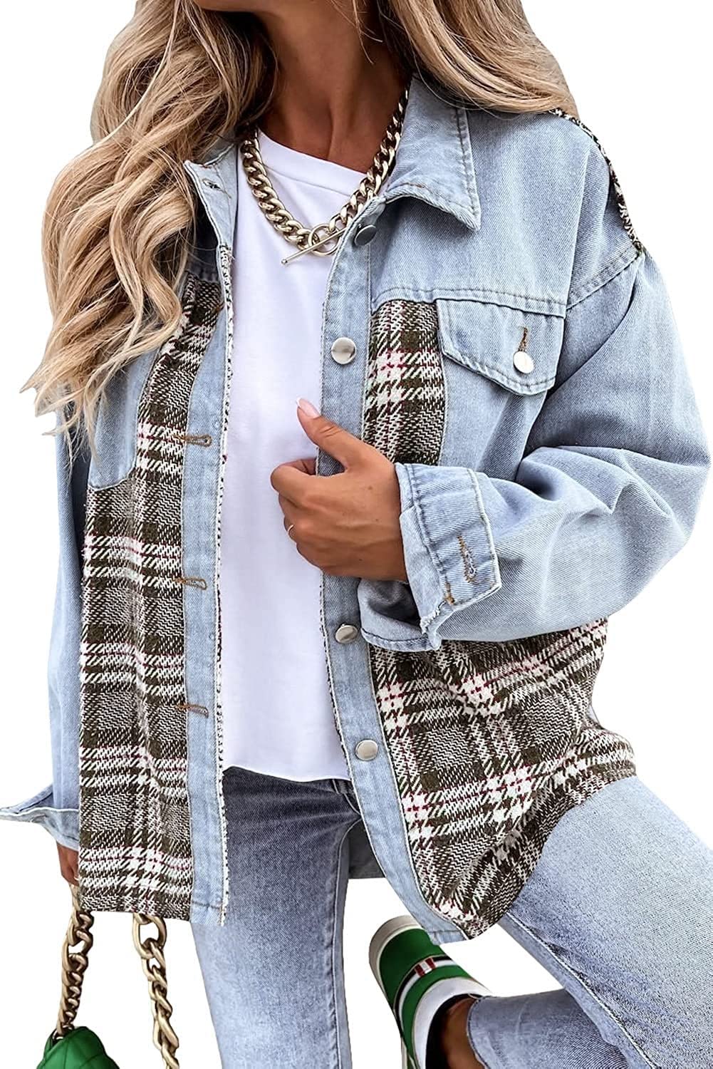 Foto 2 pulgar | Chaqueta Wrolem Para Mujer, Vaqueros De Mezclilla A Cuadros, De Gran Tamaño, 2024 - Venta Internacional.