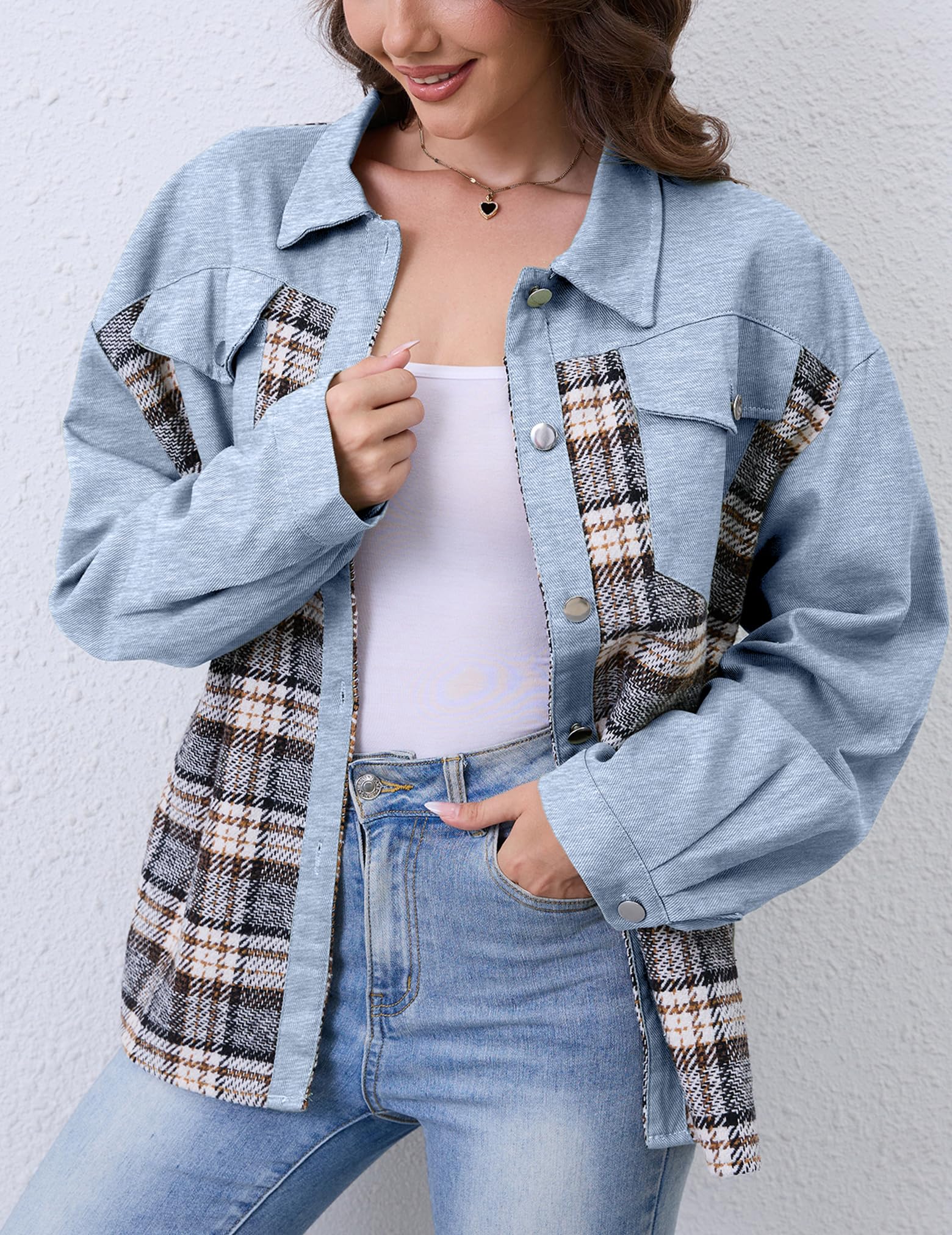 Foto 3 pulgar | Chaqueta Wrolem Para Mujer, Vaqueros De Mezclilla A Cuadros, De Gran Tamaño, 2024 - Venta Internacional.