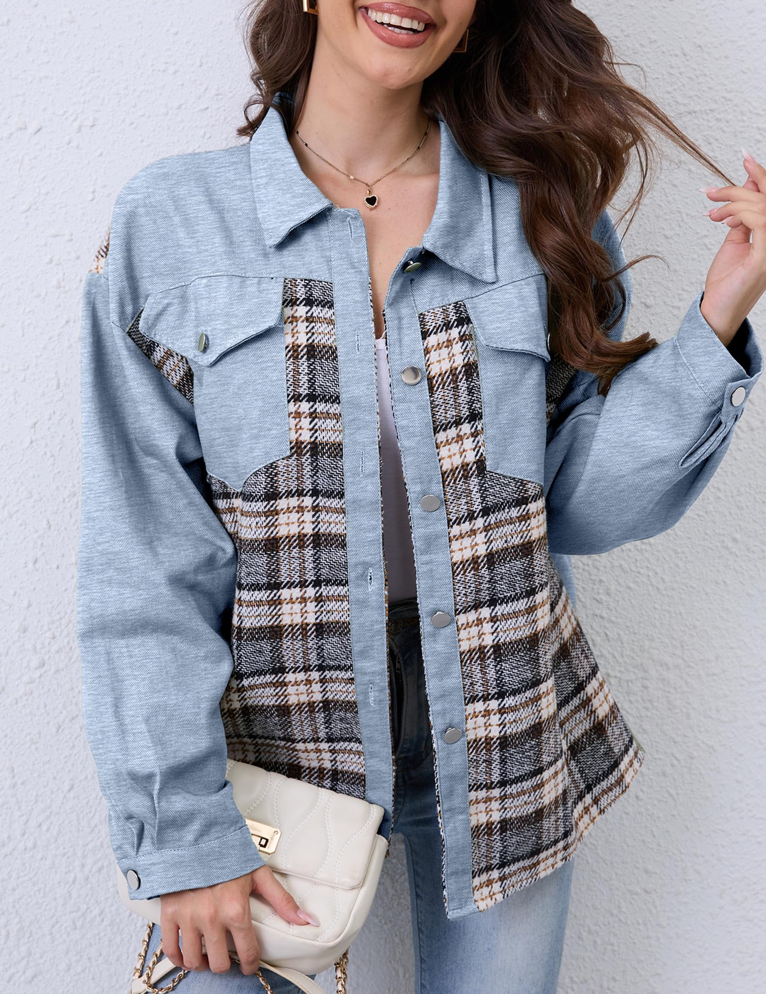 Foto 5 pulgar | Chaqueta Wrolem Para Mujer, Vaqueros De Mezclilla A Cuadros, De Gran Tamaño, 2024 - Venta Internacional.