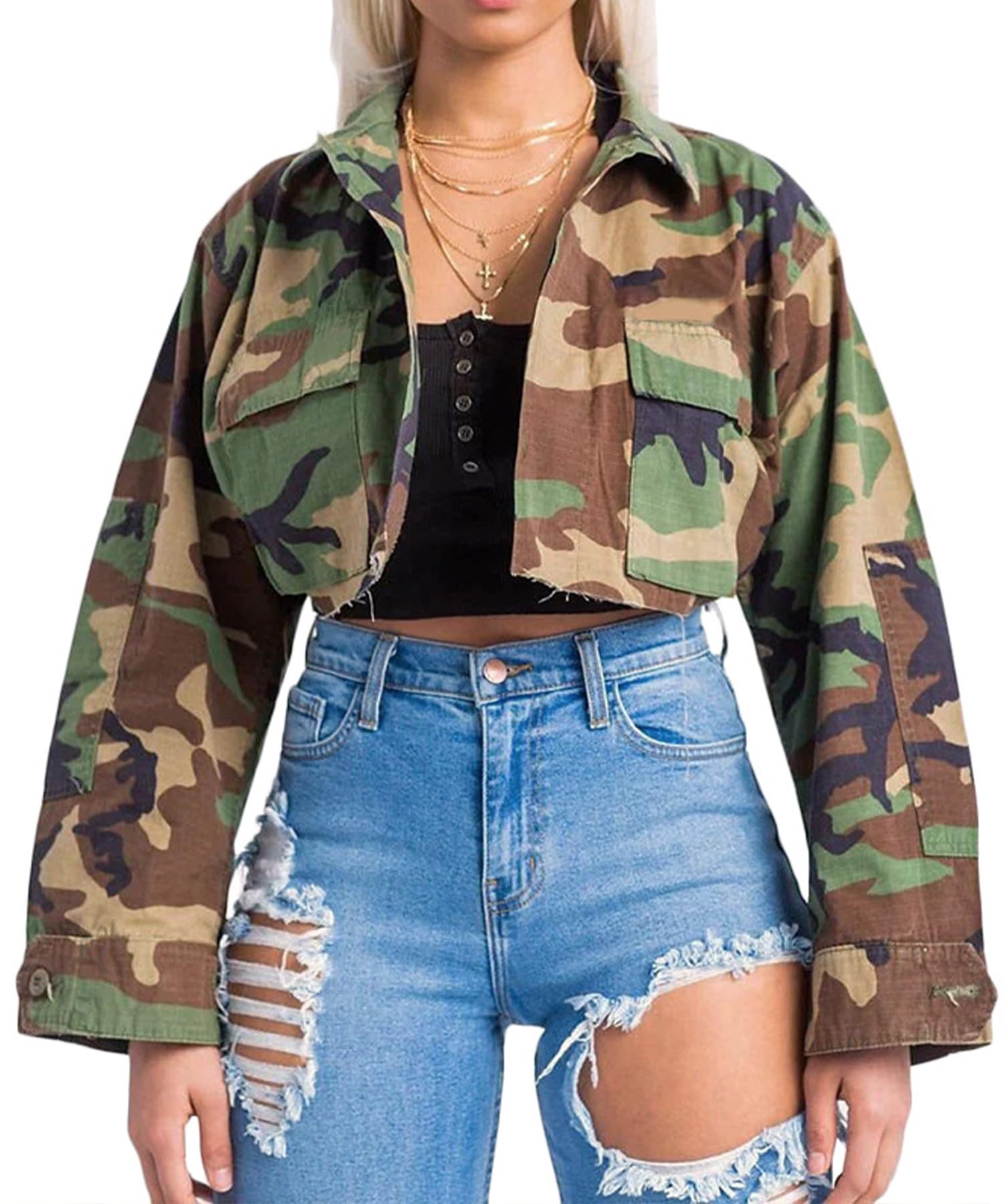 Foto 3 | Chaqueta Casual De Camuflaje Con Cuello De Solapa Y Botones Para Mujer - Venta Internacional.