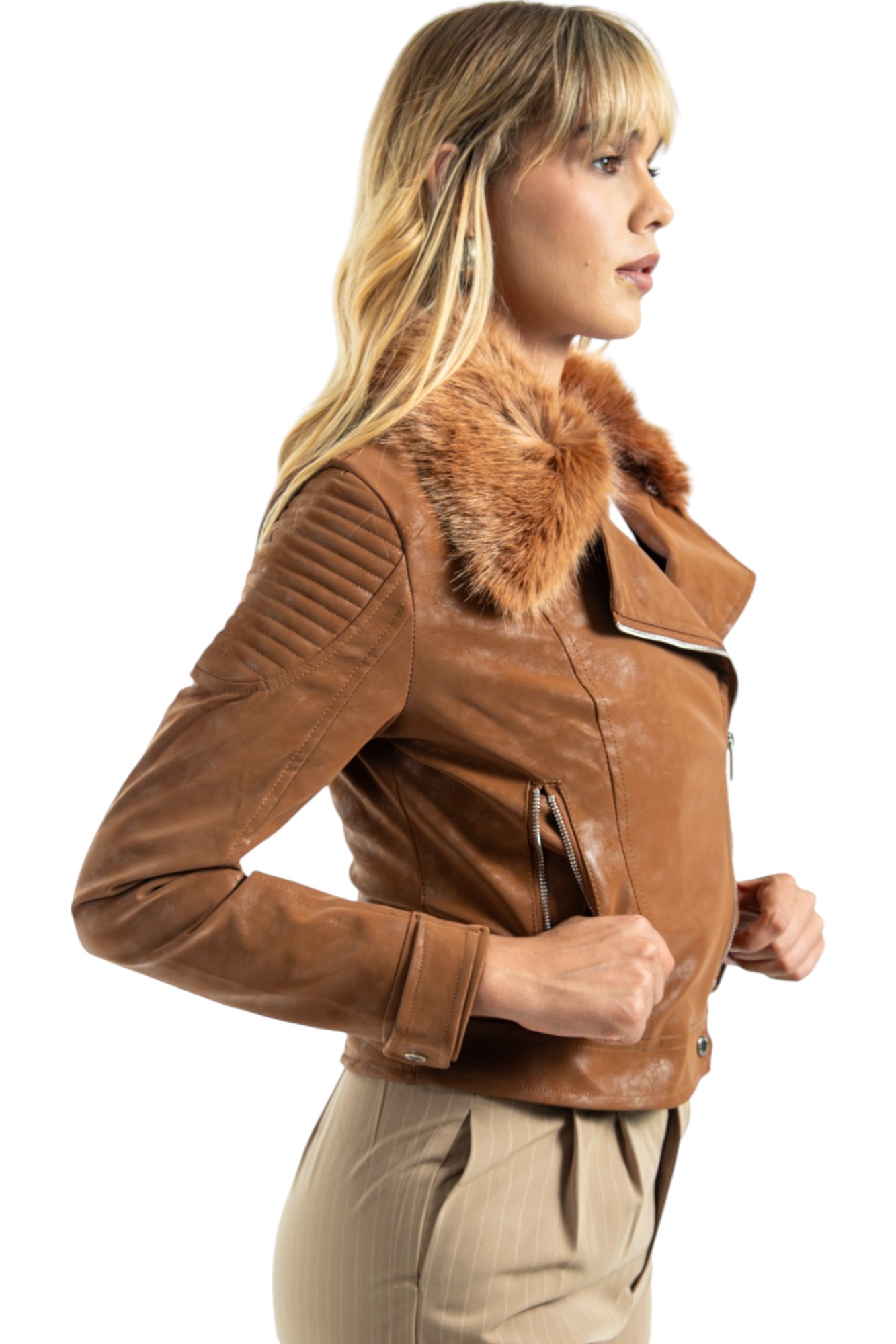 Foto 3 pulgar | Chamarra Piel Para Mujer Elegante Con Cuello De Peluche Camel