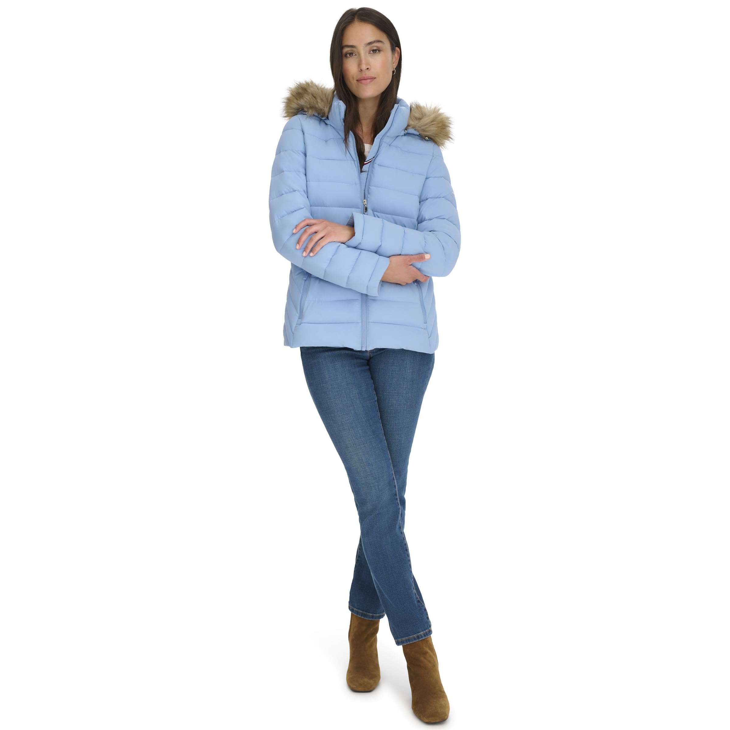 Foto 2 pulgar | Chaqueta Tommy Hilfiger Con Ribetes De Piel Sintética Puffer Endless Sky - Venta Internacional.