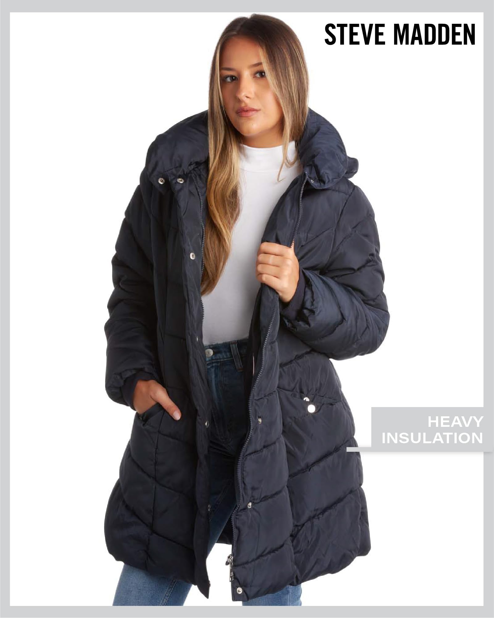 Foto 7 pulgar | Chaqueta de Abrigo Steve Madden Larga Con Forma De V Acolchada Azul Marino - Venta Internacional