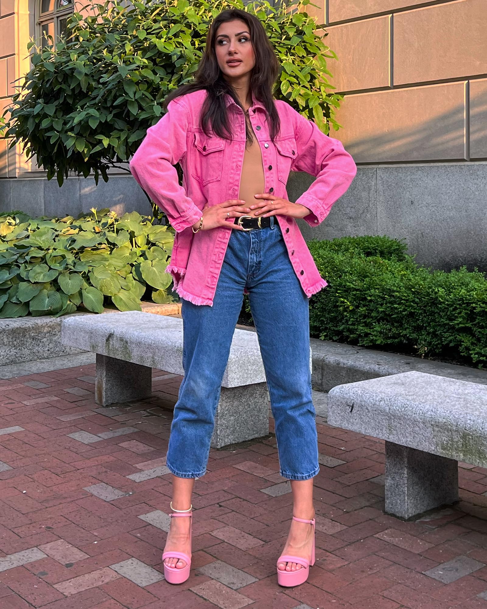 Foto 4 pulgar | Chaqueta Vaquera Luvamia Fashion Para Mujer, Manga Larga, Gran Tamaño, Rosa - Venta Internacional.