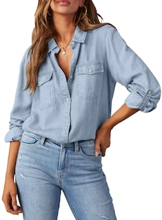 Foto 1 | Camisa Elegante De Mezclilla Con Botones Para Mujer, Manga Larga, Cuello En V - Venta Internacional.