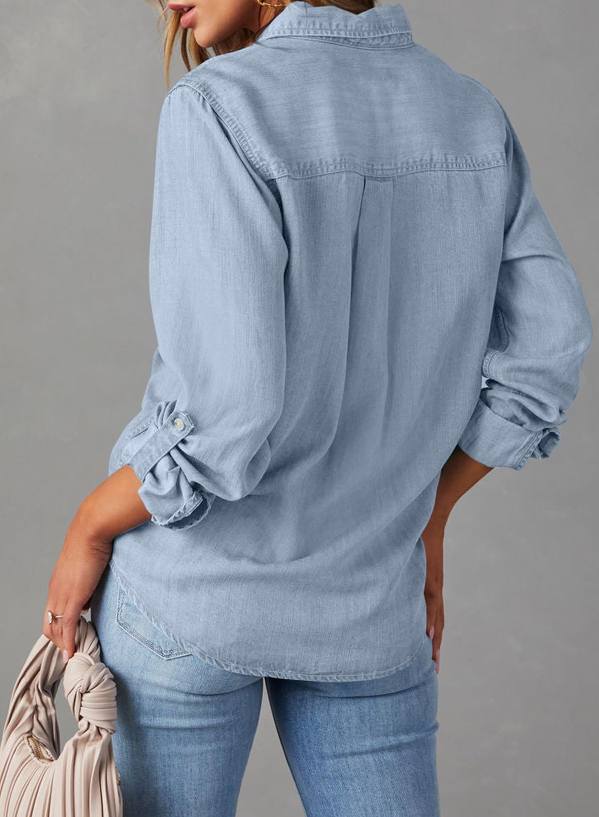 Foto 3 pulgar | Camisa Elegante De Mezclilla Con Botones Para Mujer, Manga Larga, Cuello En V - Venta Internacional.