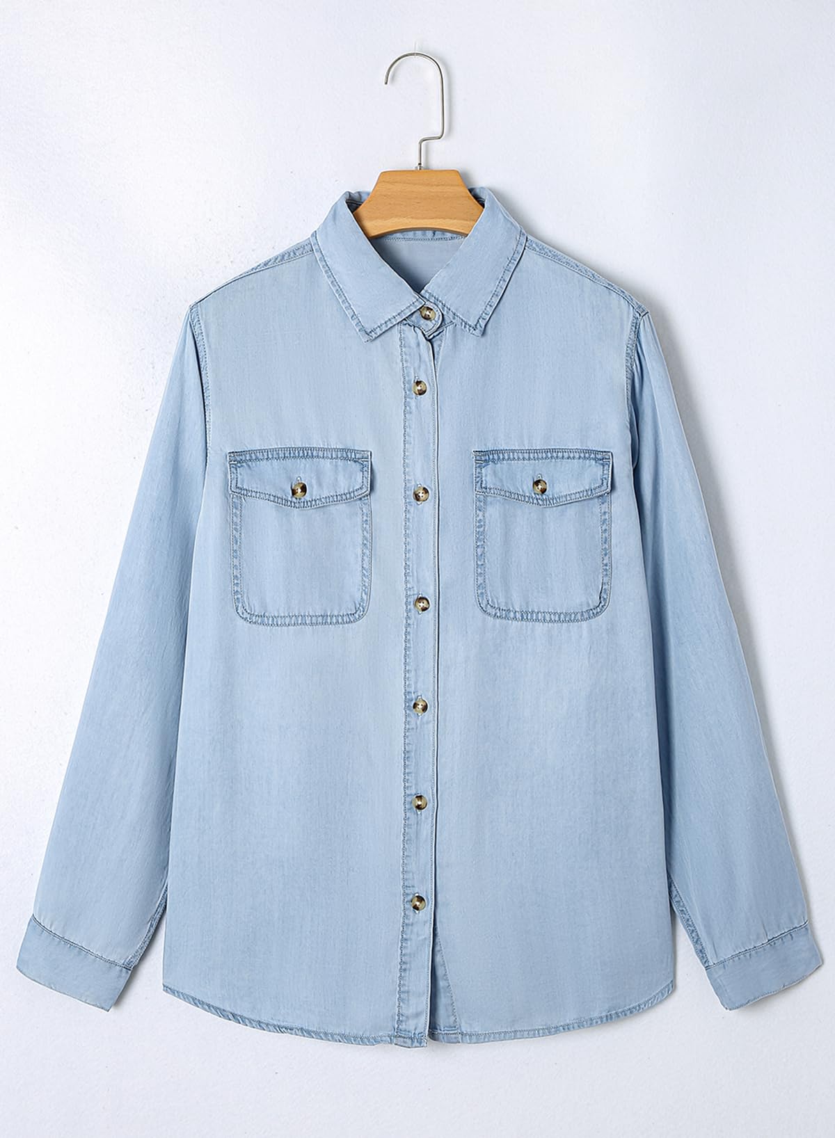 Foto 3 | Camisa Elegante De Mezclilla Con Botones Para Mujer, Manga Larga, Cuello En V - Venta Internacional.
