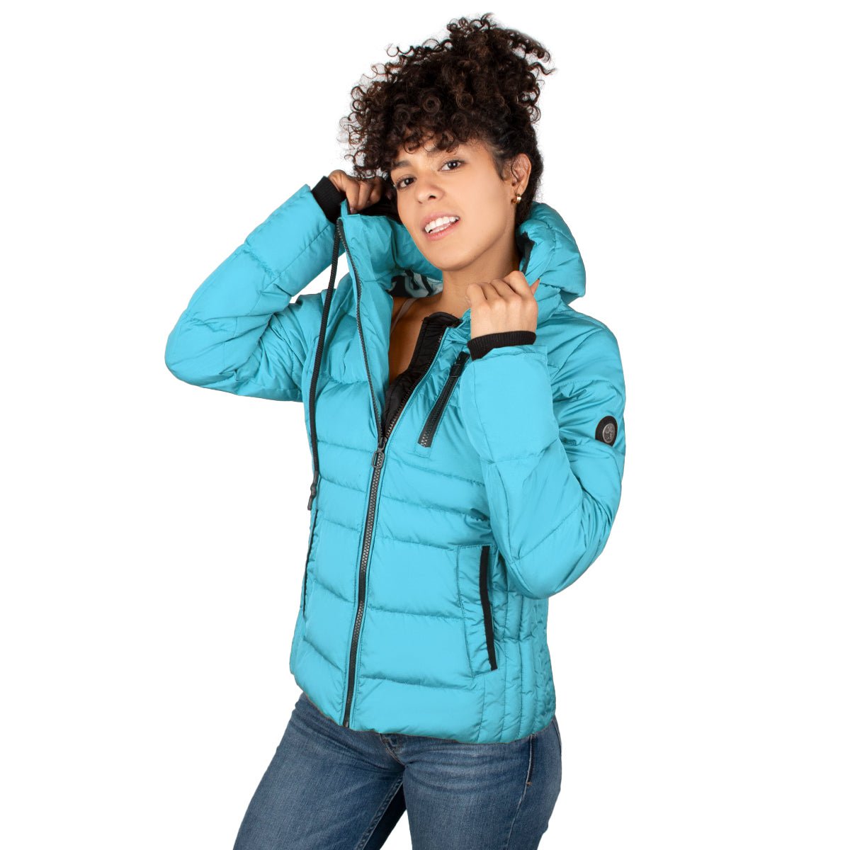 Foto 2 pulgar | Chamarra Greenlander Capitonada Gorro Ajustable Azul Claro Para Mujer