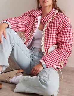Foto 3 | Chaqueta Yimoon Para Mujer, Acolchada, Corta, A Cuadros, Color Rojo S - Venta Internacional.