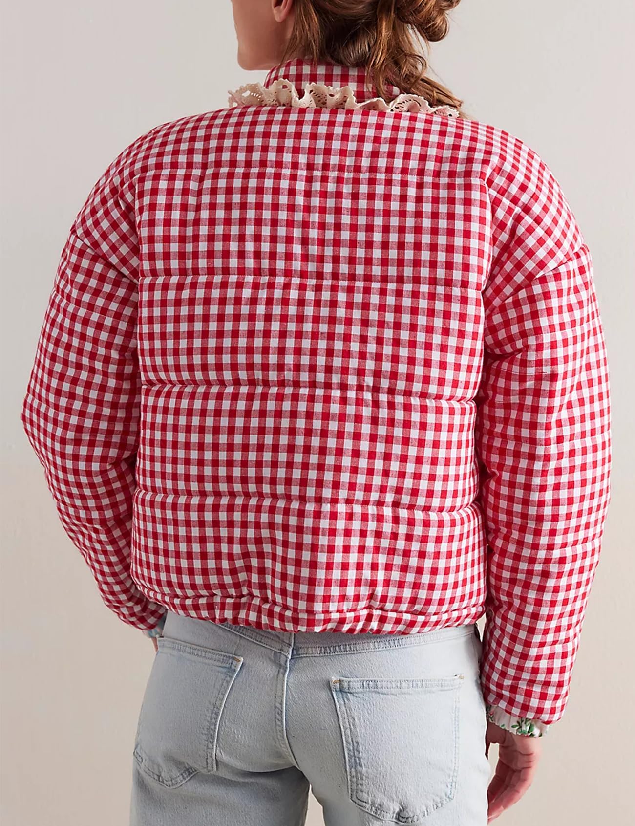 Foto 4 | Chaqueta Yimoon Para Mujer, Acolchada, Corta, A Cuadros, Color Rojo S - Venta Internacional.