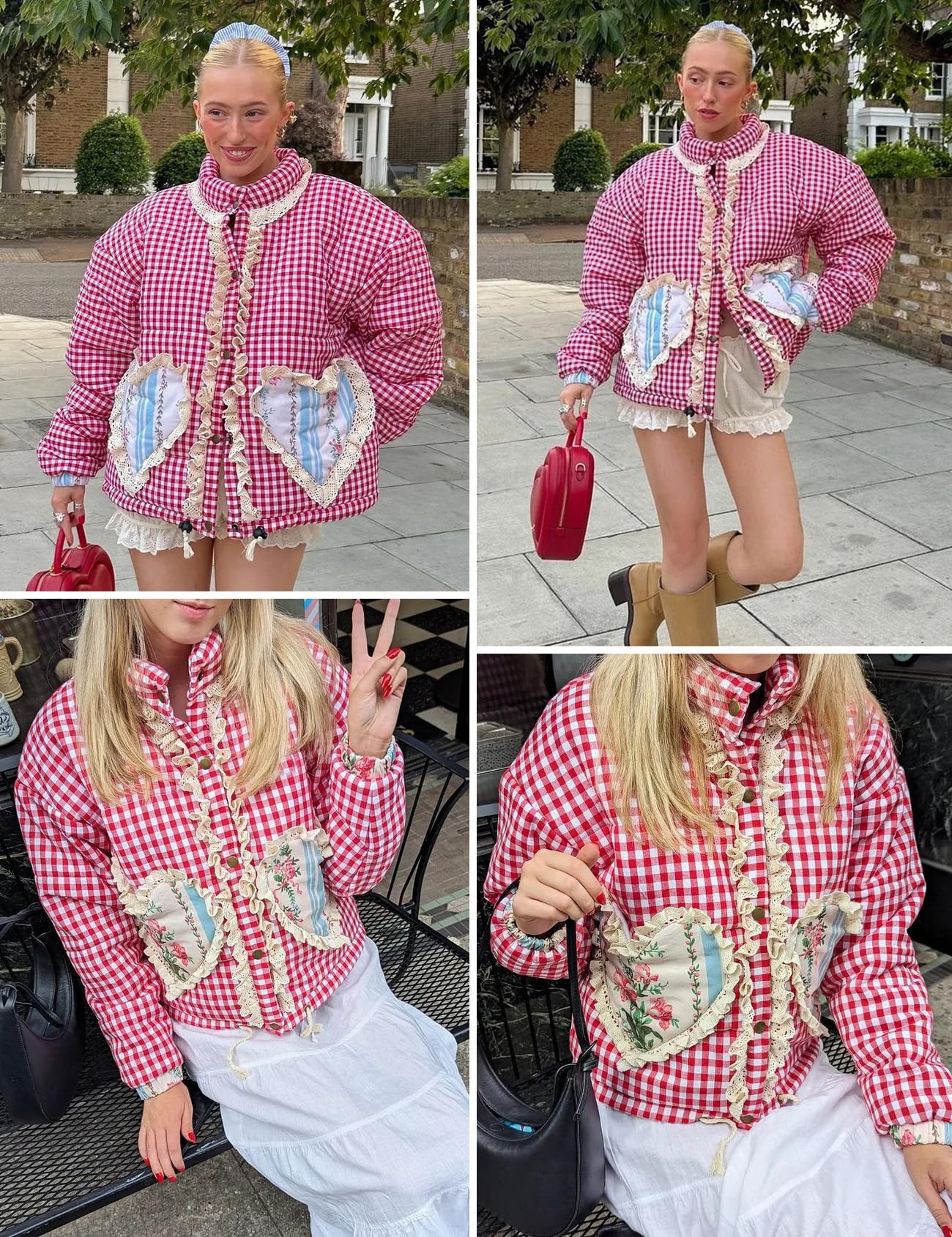 Foto 6 | Chaqueta Yimoon Para Mujer, Acolchada, Corta, A Cuadros, Color Rojo S - Venta Internacional.