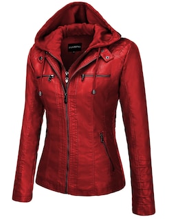Foto 4 | Chaqueta Tanming De Piel Sintética Con Capucha Extraíble Para Mujer, Color Rojo - Venta Internacional.