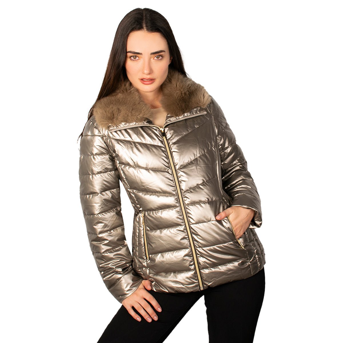 Foto 1 | Chamarra Greenlander Capitonada Brillante Cuello Alto Para Mujer