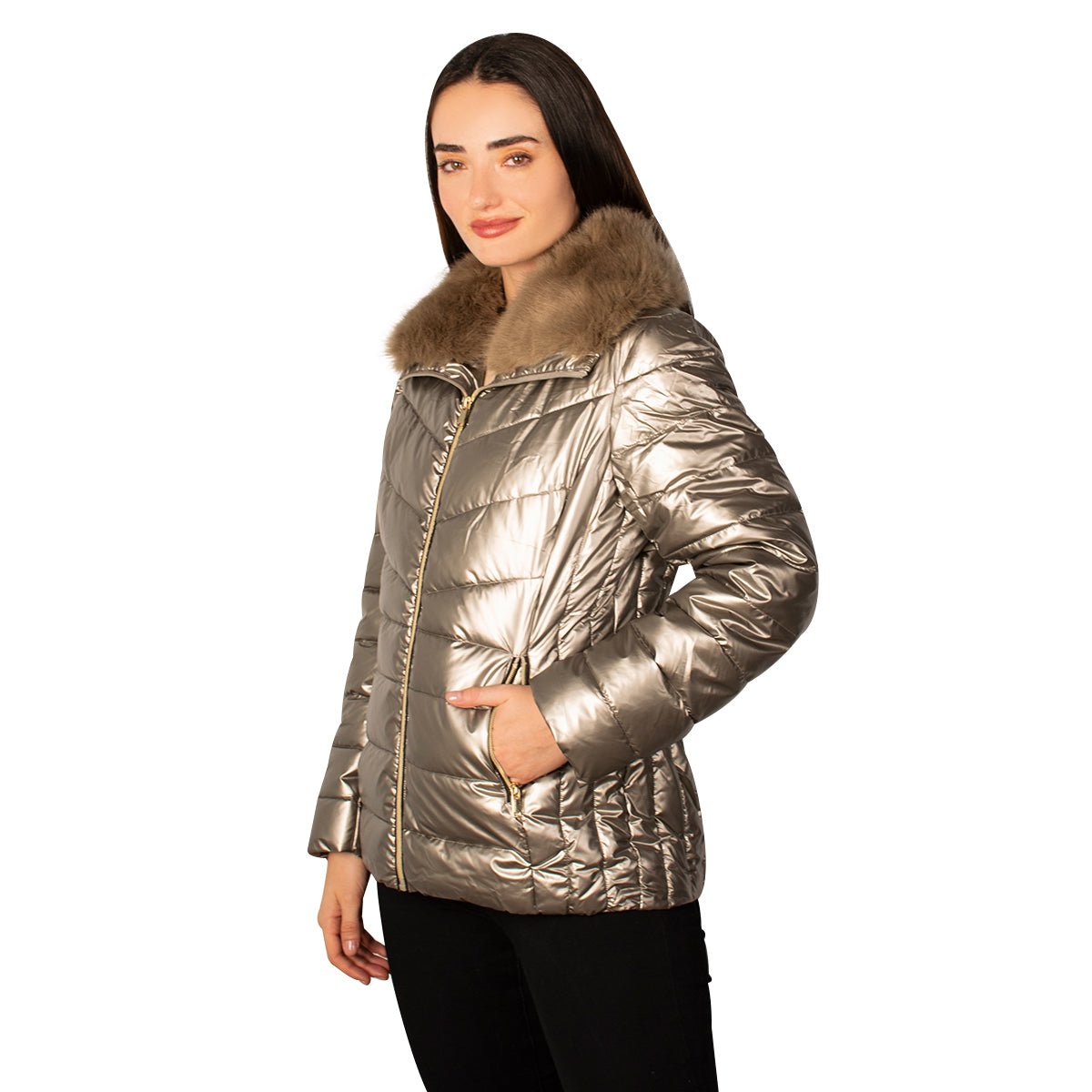 Foto 3 | Chamarra Greenlander Capitonada Brillante Cuello Alto Para Mujer