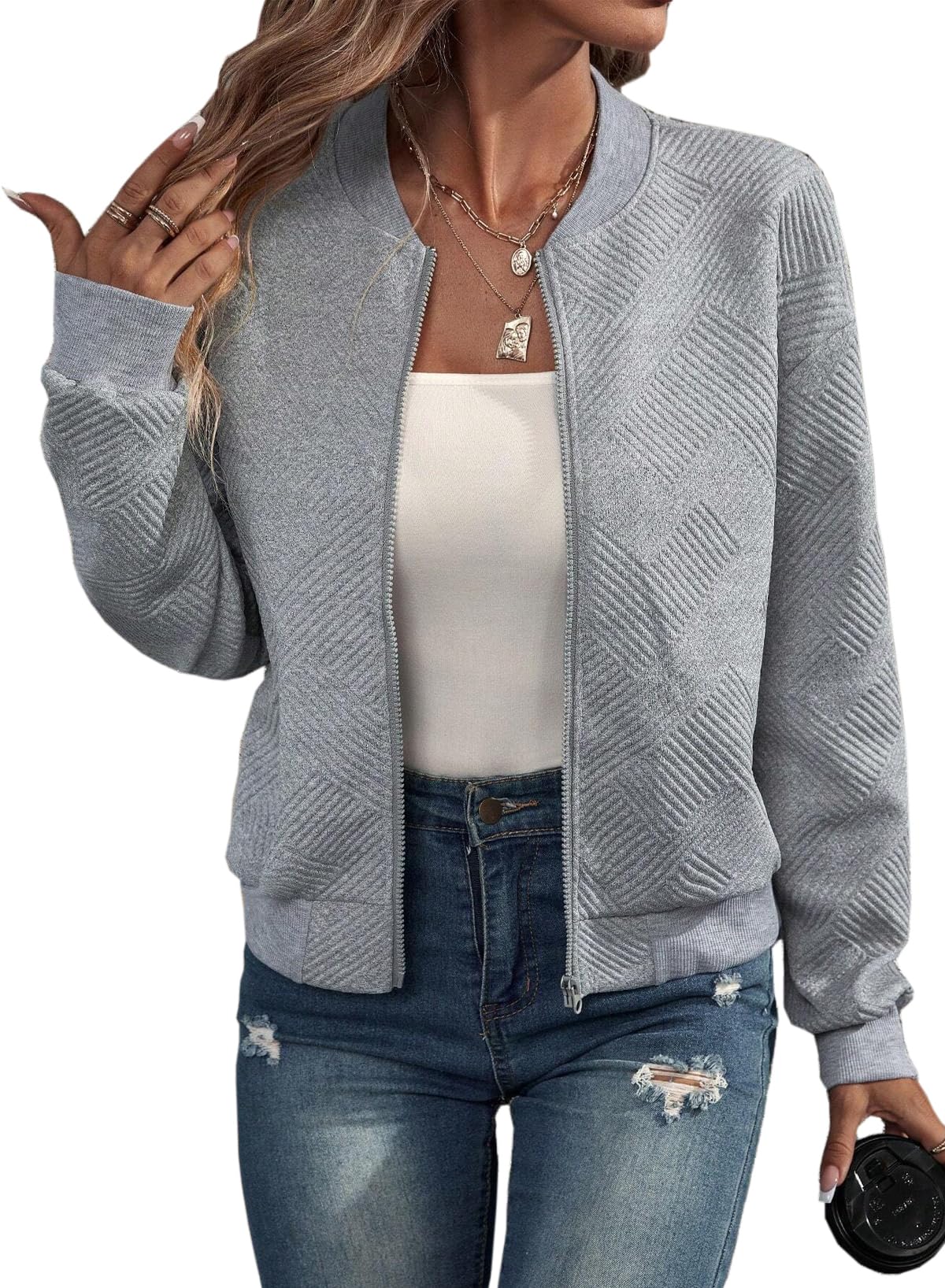 Foto 2 pulgar | Chaqueta Evaless Shacket Bomber Para Mujer, Cuello Alto Y Cremallera - Venta Internacional.